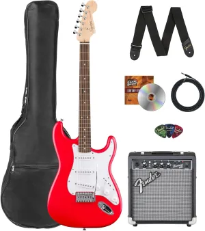 Fender Squier Stratocaster - Torino Red Bundle with Frontman 10G Amplifier, Gig Bag, Strap, Instrument Cable, Picks, and Austin Bazaar Instructional DVD