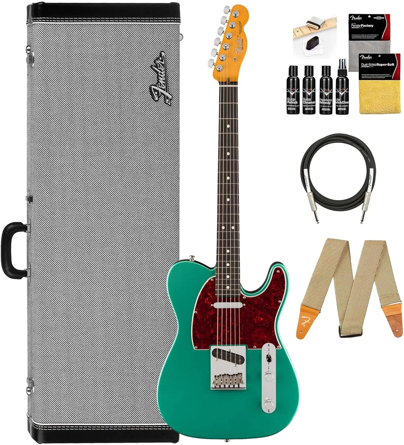 Fender Susan Tedeschi Telecaster - Aged Caribbean Mist Bundle with Deluxe Black Hard Case, Strap, Cable, and Guitar Cleaning Kit