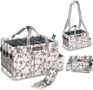 FifthStart Multiuse Cleaning Caddy with Handle, Waist & Shoulder Strap - Nappy Caddy - Portable Storage Box with 9 Compartments (Beige Floral, Large)