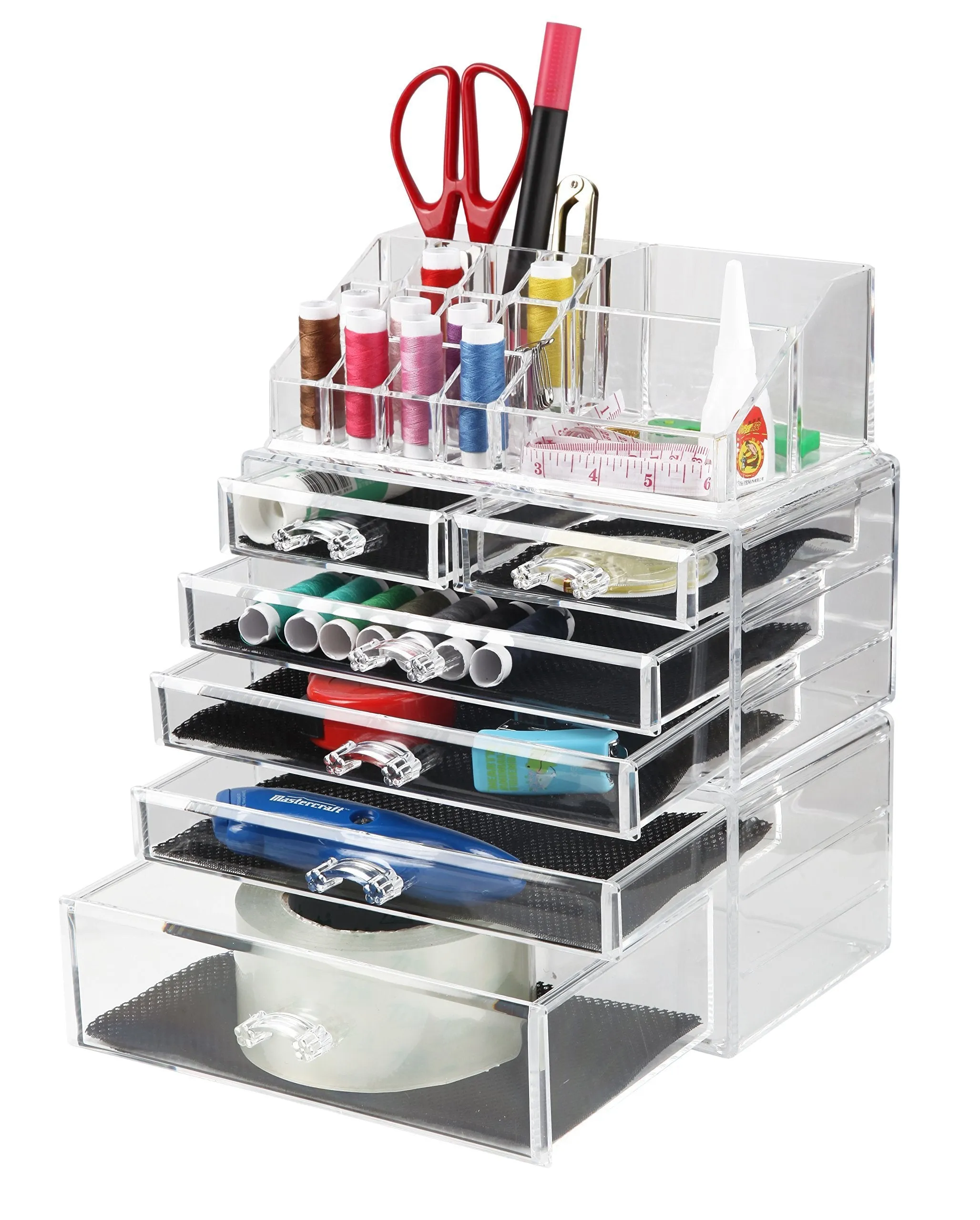 Finnhomy 3 Tier Acrylic Makeup Cosmetic Jewelry Diamond Organizer 3 Piece Set Counter Storage Case Large Display Drawer Box Bathroom Vanity Case for Lipstick/Brush/Nail Polish Clear