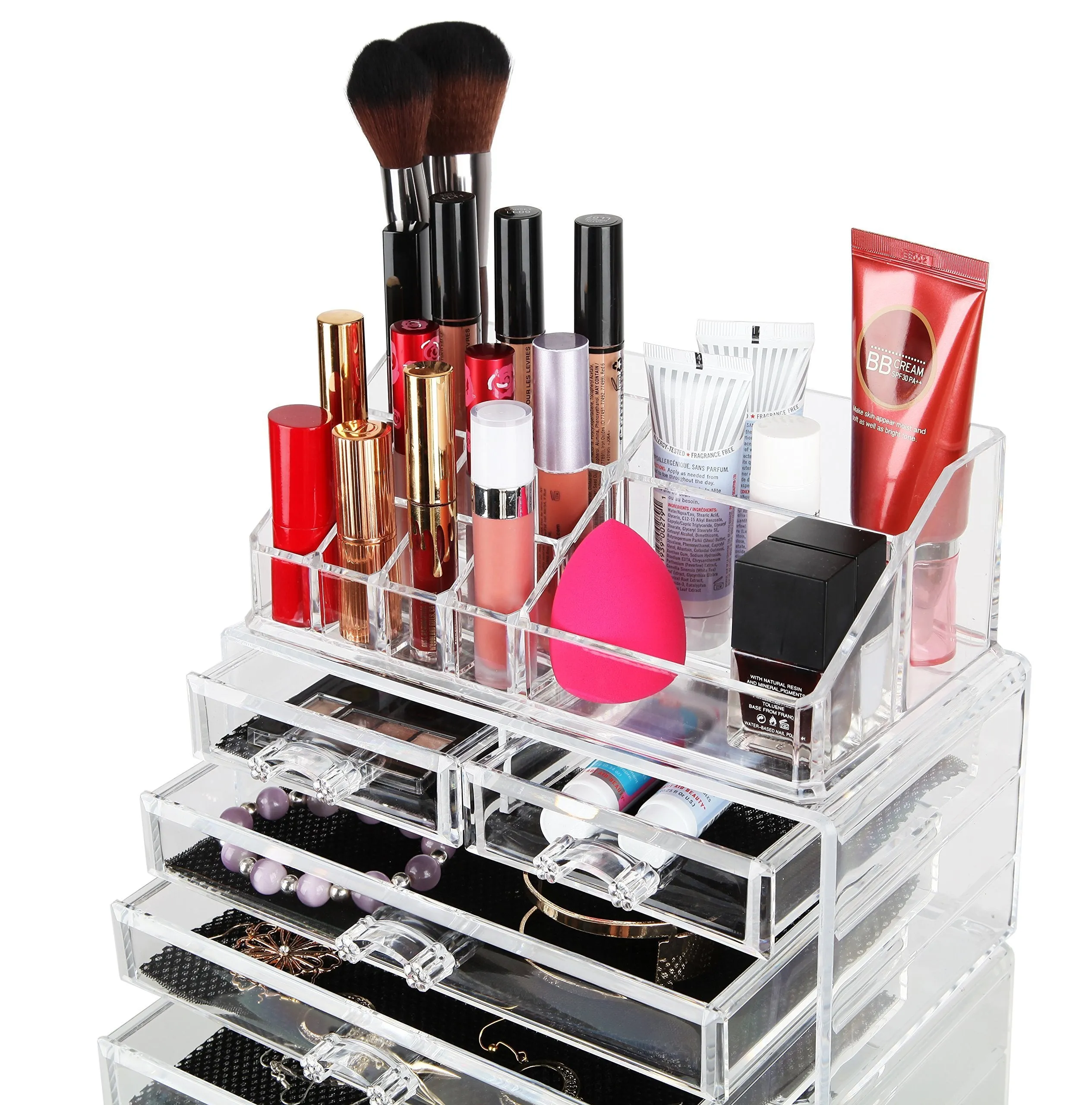 Finnhomy 3 Tier Acrylic Makeup Cosmetic Jewelry Diamond Organizer 3 Piece Set Counter Storage Case Large Display Drawer Box Bathroom Vanity Case for Lipstick/Brush/Nail Polish Clear