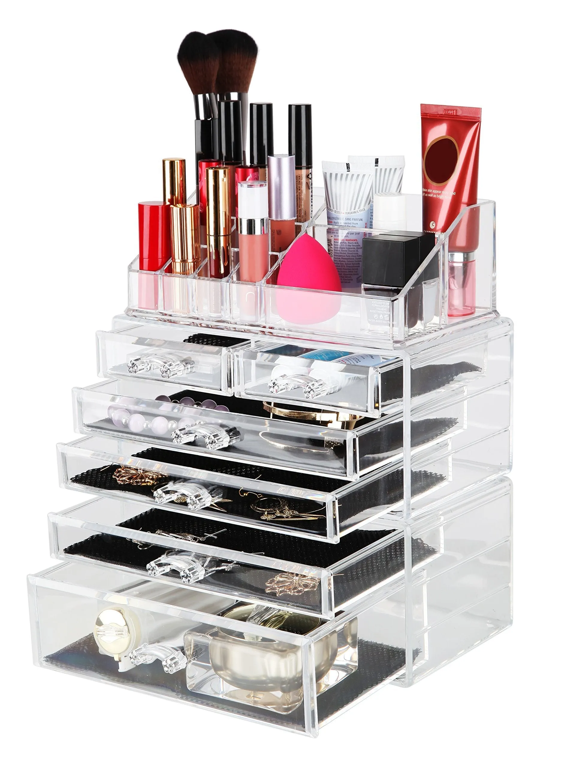 Finnhomy 3 Tier Acrylic Makeup Cosmetic Jewelry Diamond Organizer 3 Piece Set Counter Storage Case Large Display Drawer Box Bathroom Vanity Case for Lipstick/Brush/Nail Polish Clear