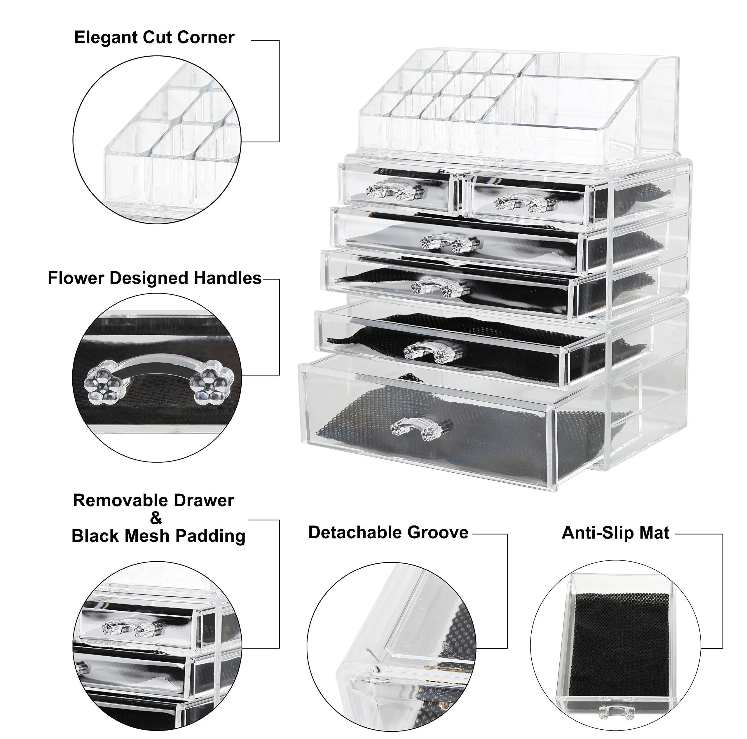 Finnhomy 3 Tier Acrylic Makeup Cosmetic Jewelry Diamond Organizer 3 Piece Set Counter Storage Case Large Display Drawer Box Bathroom Vanity Case for Lipstick/Brush/Nail Polish Clear