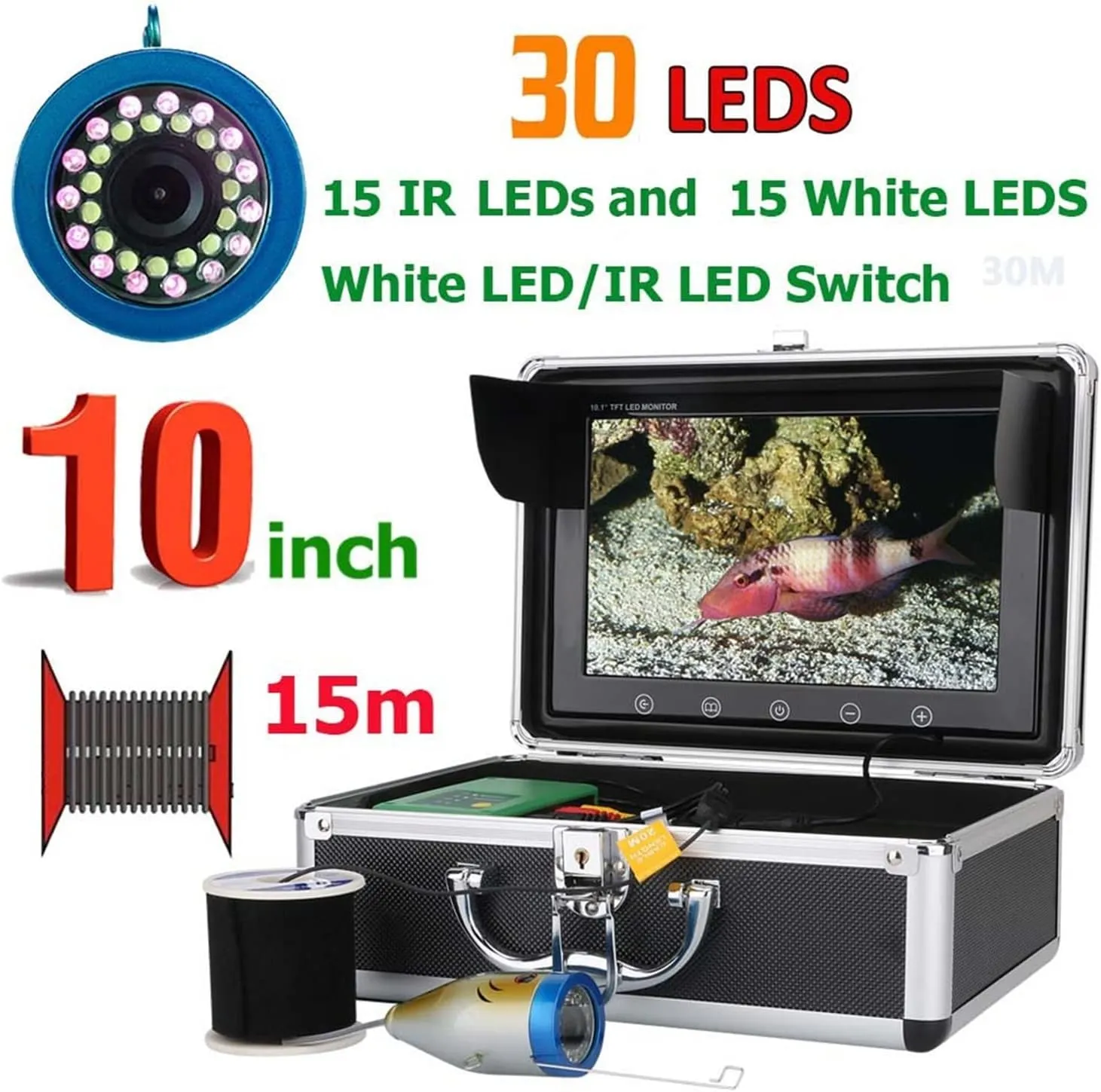 Fishing Camera, 10 Inch 15M/30M/ 50M Fish Finder Underwater Fishing Camera 15pcs White LEDs   15pcs Infrared Lamp for Ice/Sea/River Fishing(F004A-2L-15M)