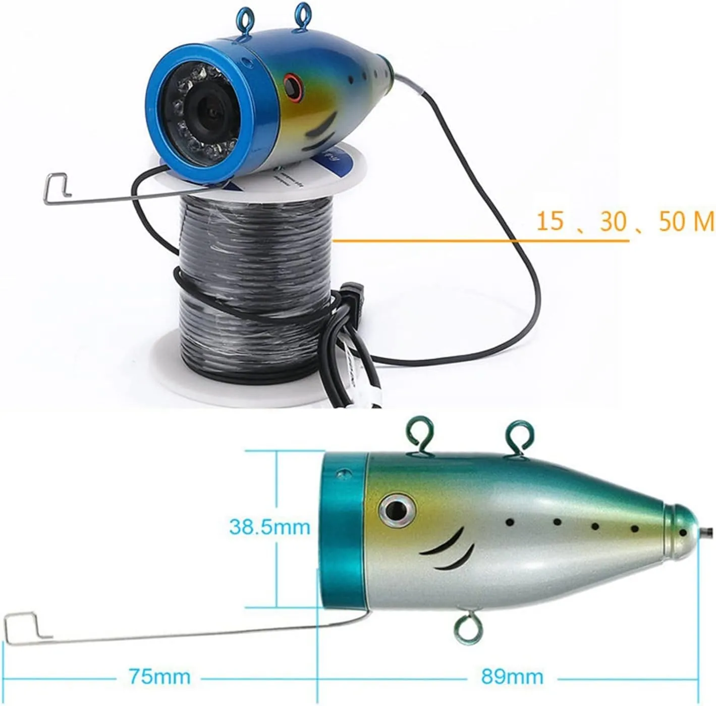 Fishing Camera, Double lamp 30 LEDs 9" Inch 15M 30M 50M 1000TVL Fishing Camera 15pcs White LEDs   15pcs Infrared Lamp for Ice/Sea/River Fishing(F003A-2L-15M)