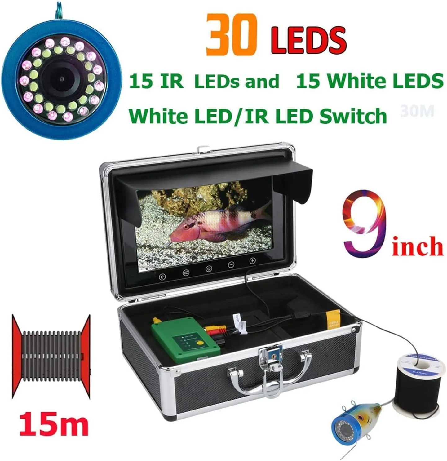 Fishing Camera, Double lamp 30 LEDs 9" Inch 15M 30M 50M 1000TVL Fishing Camera 15pcs White LEDs   15pcs Infrared Lamp for Ice/Sea/River Fishing(F003A-2L-15M)