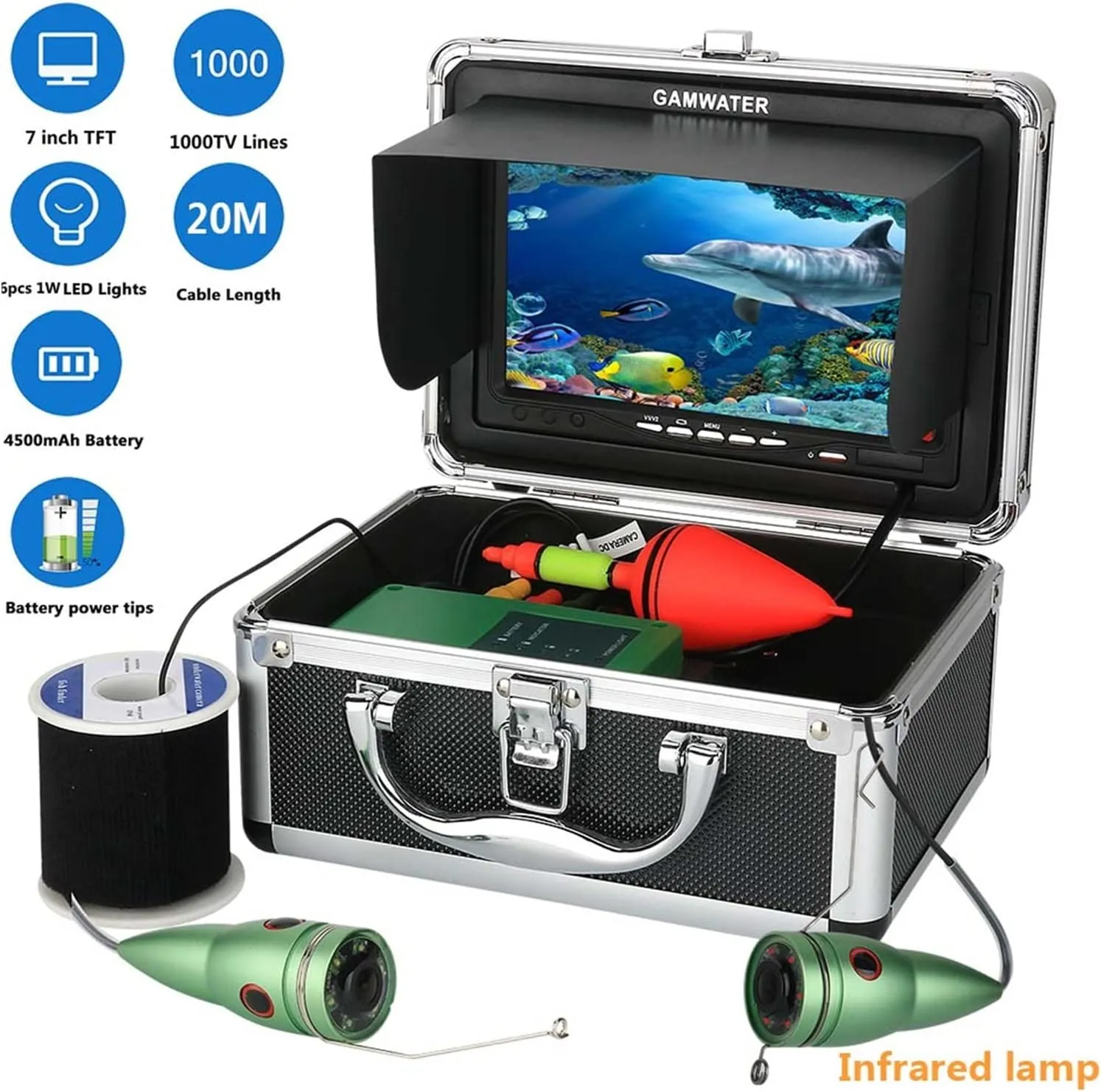 Fishing Camera, Underwater Fishing Video Camera Kit 1000TVL 6W IR LED Fish Finder with 7Inch Color Monitor 10M 15M 20M 30M for Ice Sea Fishing(09MJ IR 20M)