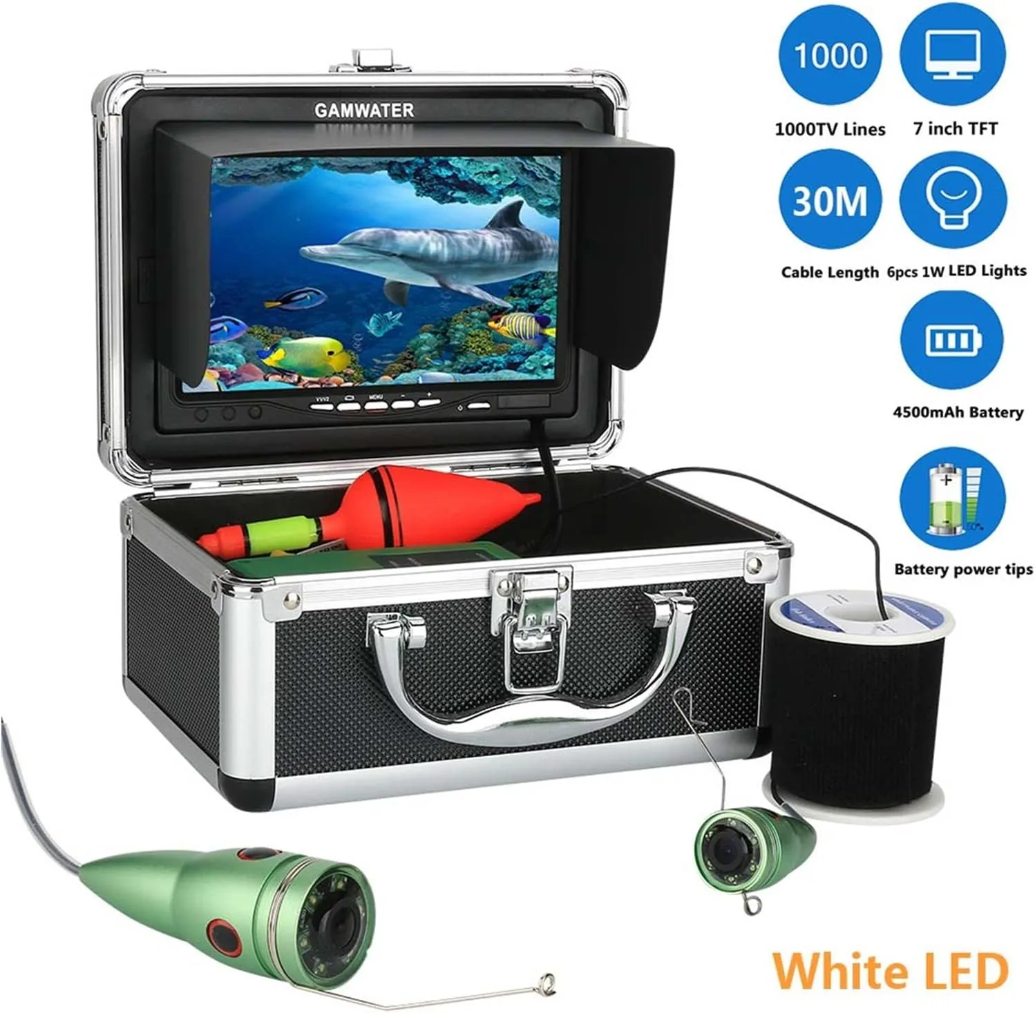 Fishing Camera, Underwater Fishing Video Camera Kit 10M 20M 30M Fishfinder 6 PCS White Lights with 7" Inch Color Monitor for Ice Sea Fishing(09MJ 30M W)