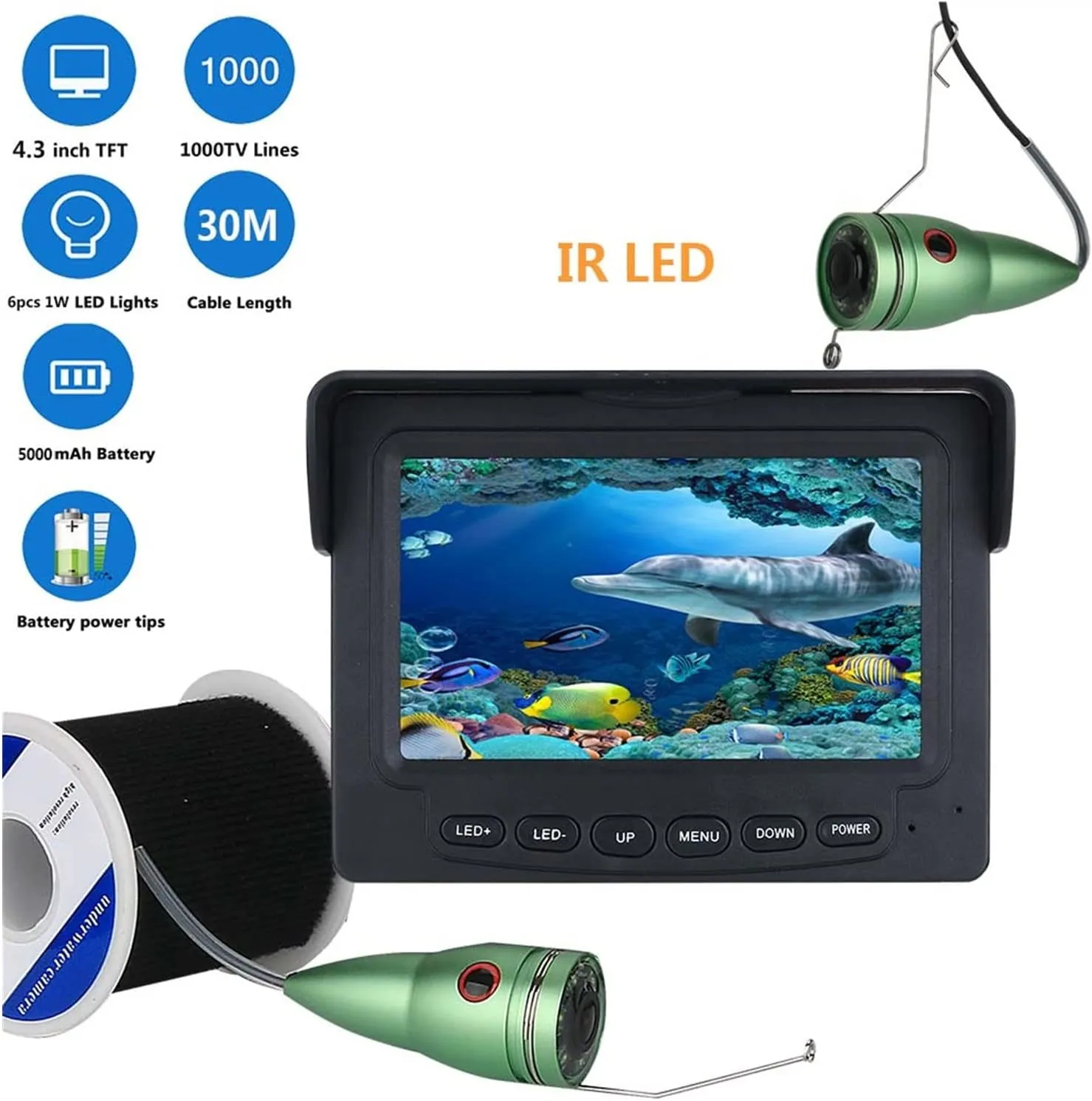 Fishing Camera, Video Fish Finder 4.3 Inch IPS LCD Monitor 6PCS LED Night Vision Fishing Camera Kit for Winter Underwater Ice Fishing(30m Cable)