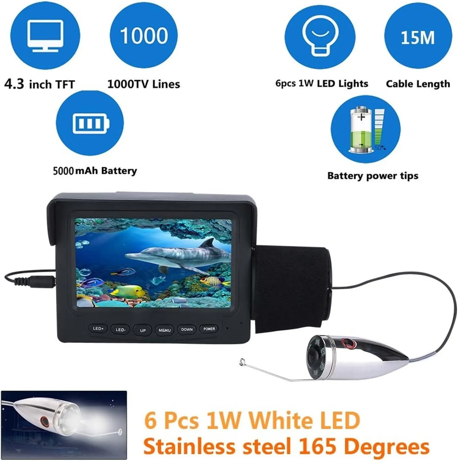 Fishing Camera, Video Fish Finder 4.3 Inch LCD Monitor 1000TVL Underwater Fishing Camera Kit White Lights for Winter Ice Lake Sea Fishing(F008S-15M-W)