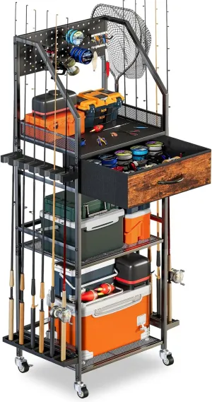 Fishing Rod Holder Organizer with Fabric Drawer & Hooks, Space-Saving Garage Storage for 12 Rods, Reels, Tackle Boxes, Portable Fishing Gear Cart for Easy Access & Mobility