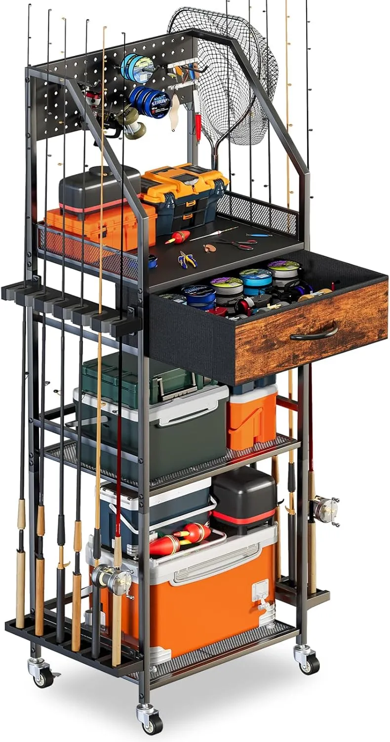 Fishing Rod Holder Organizer with Fabric Drawer & Hooks, Space-Saving Garage Storage for 12 Rods, Reels, Tackle Boxes, Portable Fishing Gear Cart for Easy Access & Mobility