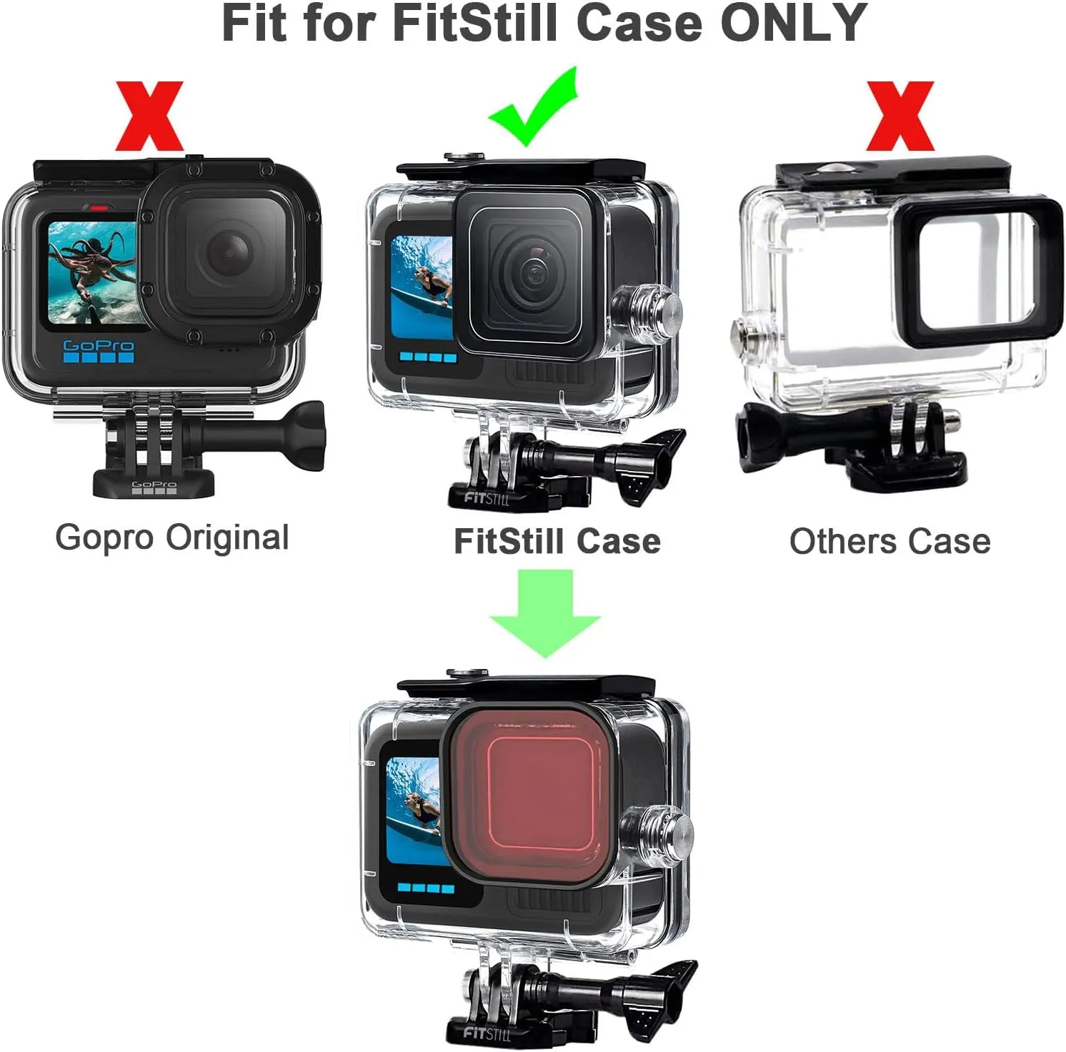 FitStill 60M/196FT Underwater Waterproof Protective Case for Go Pro Hero 13 Hero 12 Hero 11 Hero 10 Hero 9 Black,3Pack Filter Monopod Floating Hand Grip Selfie Stick Hero13/12/11/10/9 Black Accessory