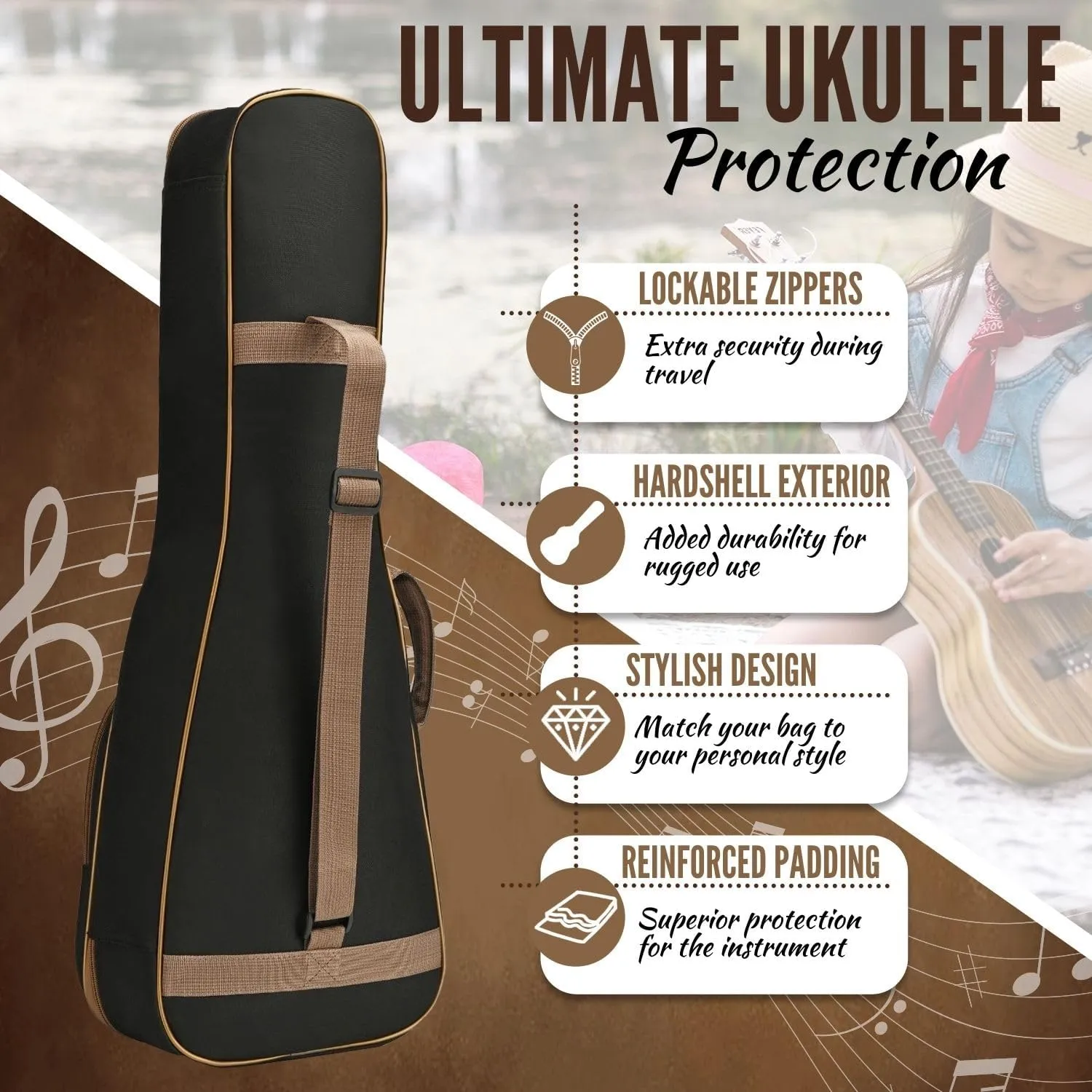 Flexzion Ukulele Gig Bag - Uke Backpack Storage Soft Case Waterproof w/Carrying Handle, Pocket & Adjustable Shoulder Strap, Music Accessories for Concert Tour Travel
