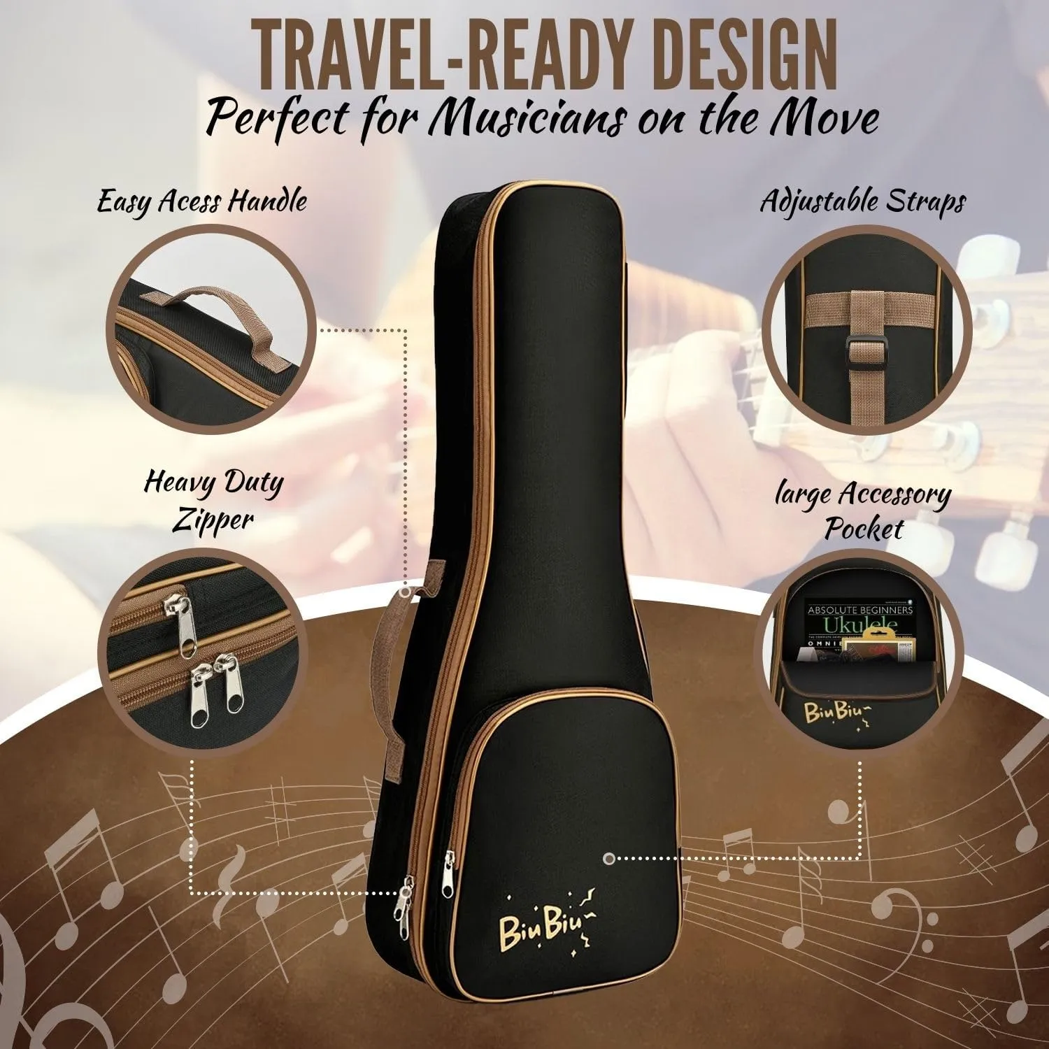 Flexzion Ukulele Gig Bag - Uke Backpack Storage Soft Case Waterproof w/Carrying Handle, Pocket & Adjustable Shoulder Strap, Music Accessories for Concert Tour Travel