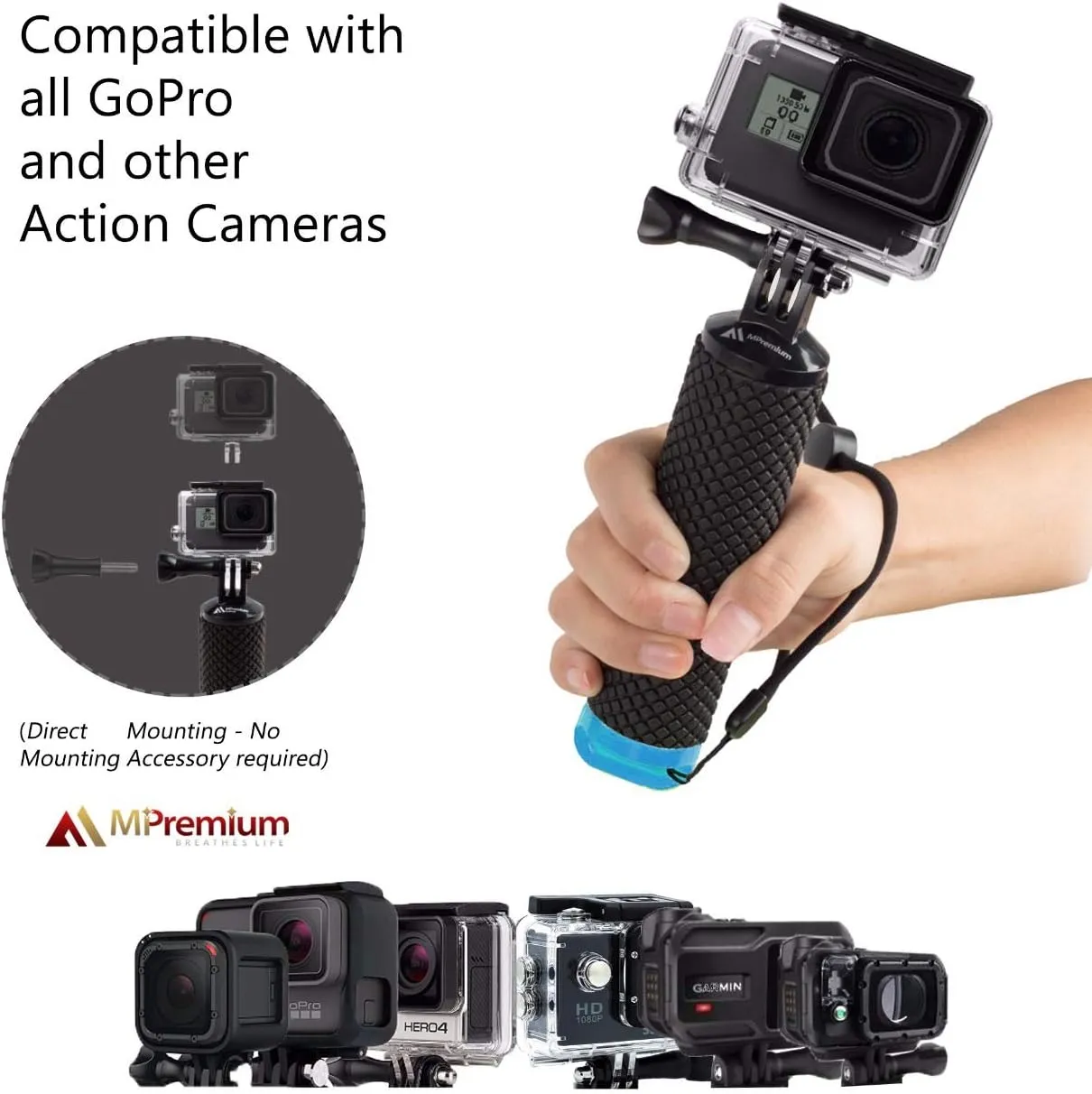 Floating Hand Grip Waterproof Monopod for GoPro Hero 13 12 11 10 9 8 7 6 5 4 3  2 1 Session Black Silver Handler & Handle Mount Accessories Kit for Water Sport and Action Cameras (Blue)