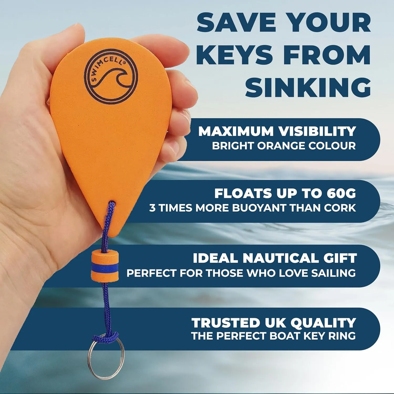 Floating Keyring for Boat Keys. Floats 60g/2oz in Water - 3 Times More Than A Marine Cork! Key Float Nautical Keychain Sailing Gift. Key Buoy for Action Camera & Phone Case- Orange