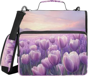 Flower Lavender Spring Zippered Binder Bag with Shoulder Strap Multi-Pocket 1.5 Inch 3 Rings Portfolio Binder Bag Paperwork Business