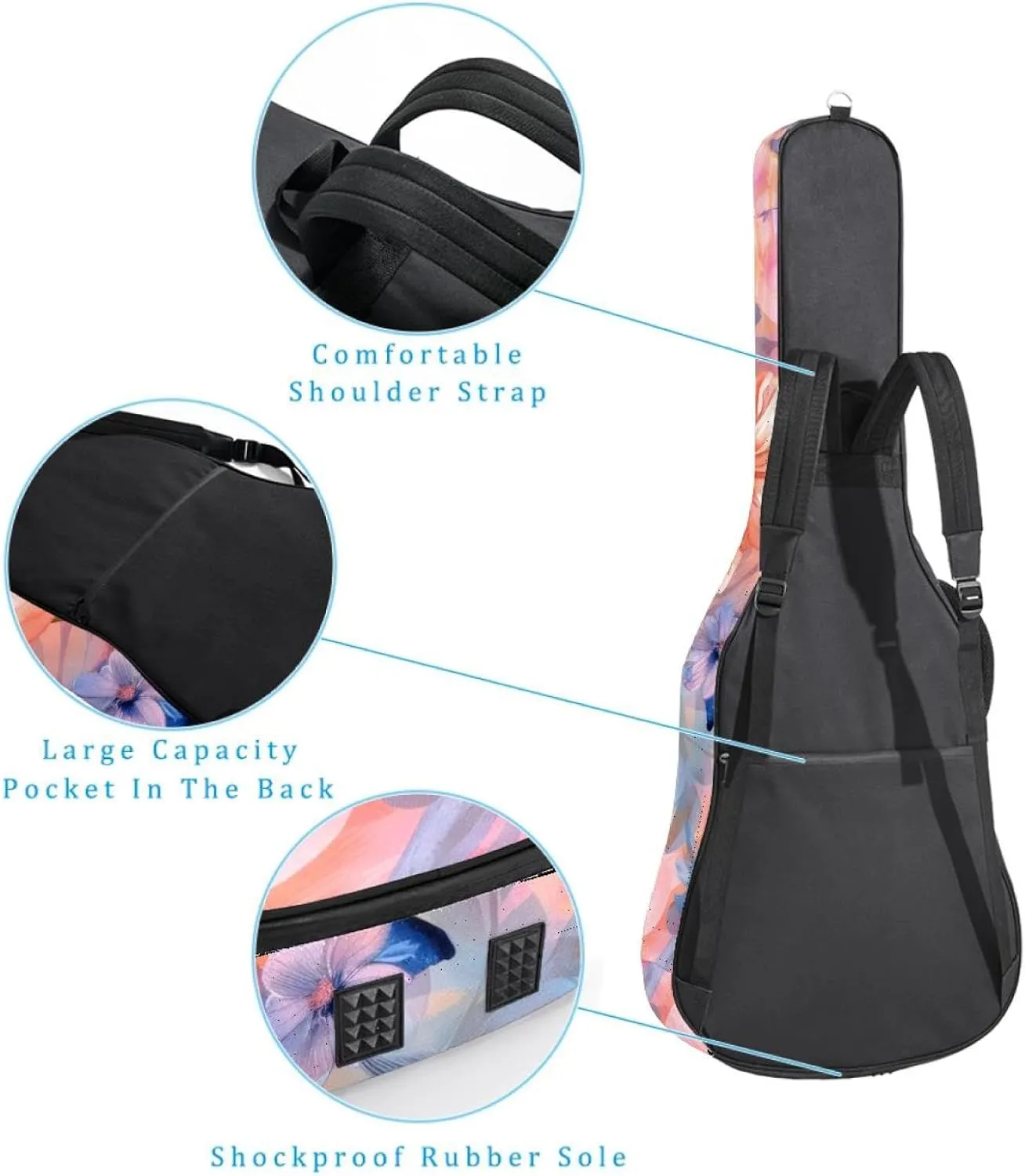 Flowers with Pink Blue and Orange Acoustic Guitar Gig Bag, 1 cm Thick Padding Waterproof Guitar Case Backpack with Dual Adjustable Shoulder Strap for 40-42 Inch Guitar