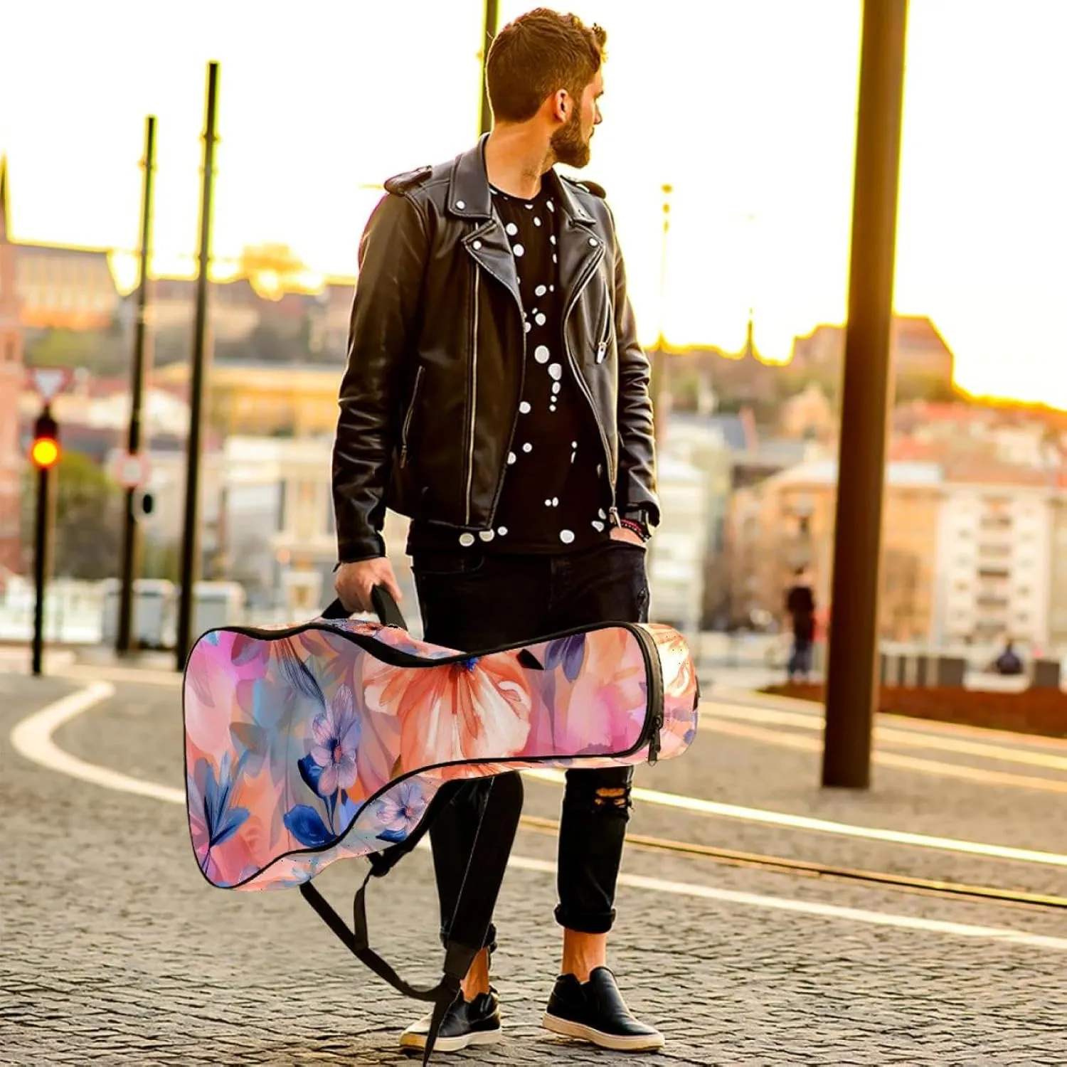 Flowers with Pink Blue and Orange Acoustic Guitar Gig Bag, 1 cm Thick Padding Waterproof Guitar Case Backpack with Dual Adjustable Shoulder Strap for 40-42 Inch Guitar