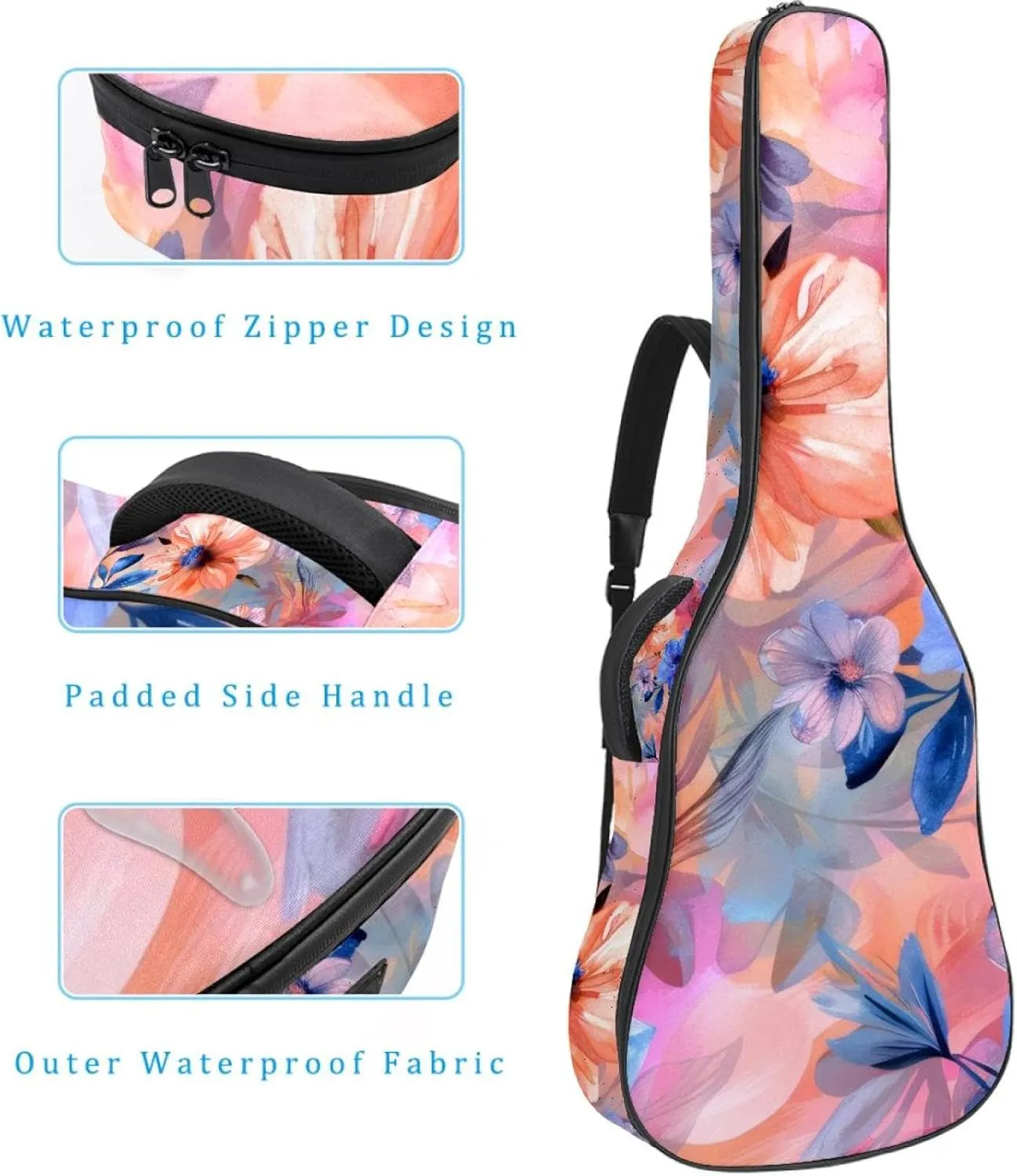 Flowers with Pink Blue and Orange Acoustic Guitar Gig Bag, 1 cm Thick Padding Waterproof Guitar Case Backpack with Dual Adjustable Shoulder Strap for 40-42 Inch Guitar