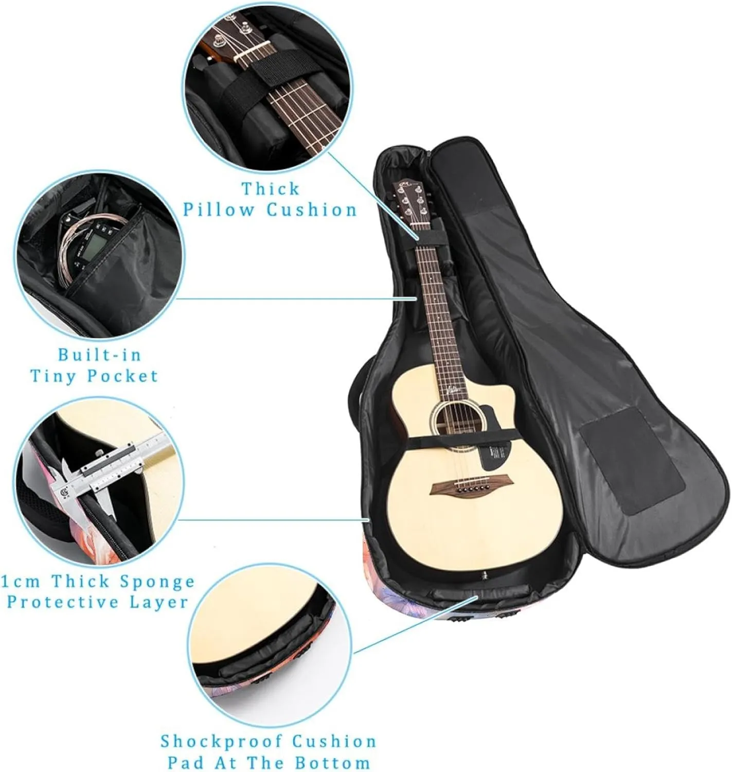 Flowers with Pink Blue and Orange Acoustic Guitar Gig Bag, 1 cm Thick Padding Waterproof Guitar Case Backpack with Dual Adjustable Shoulder Strap for 40-42 Inch Guitar