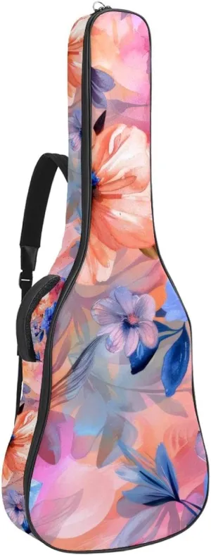 Flowers with Pink Blue and Orange Acoustic Guitar Gig Bag, 1 cm Thick Padding Waterproof Guitar Case Backpack with Dual Adjustable Shoulder Strap for 40-42 Inch Guitar