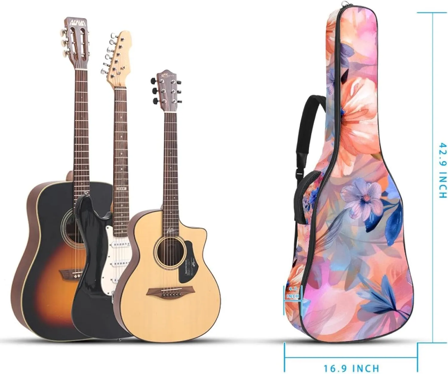 Flowers with Pink Blue and Orange Acoustic Guitar Gig Bag, 1 cm Thick Padding Waterproof Guitar Case Backpack with Dual Adjustable Shoulder Strap for 40-42 Inch Guitar