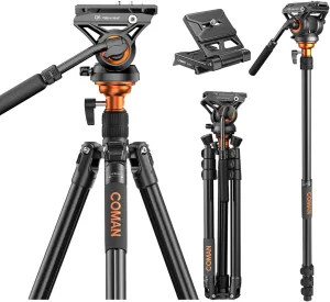 Fluid Head Tripod, COMAN Video Camera Tripod Monopod Aluminium Alloy 70.8 inch Detachable and Quick Release Plate for DJI Canon Nikon Sony DSLR Camera Black Max Load 17.6lb