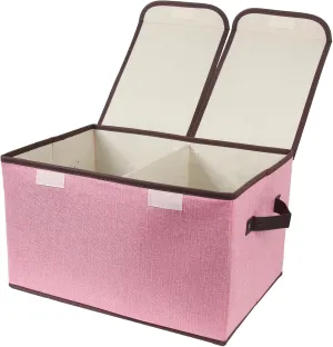 Foldable Fabric Storage Box with Double-Lid & Dividers, Large Organizer for Home, Closet, Office(Pink)