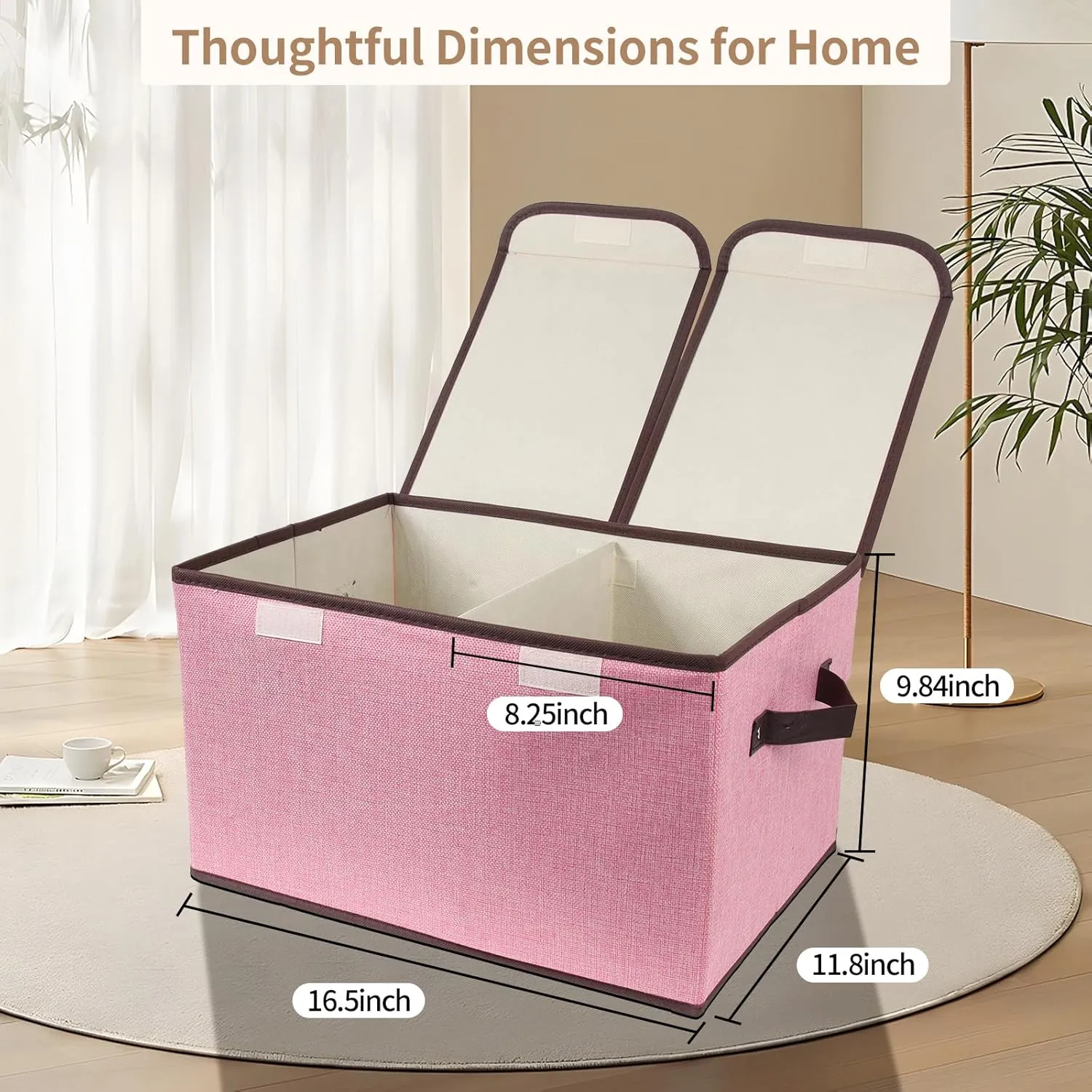 Foldable Fabric Storage Box with Double-Lid & Dividers, Large Organizer for Home, Closet, Office(Pink)