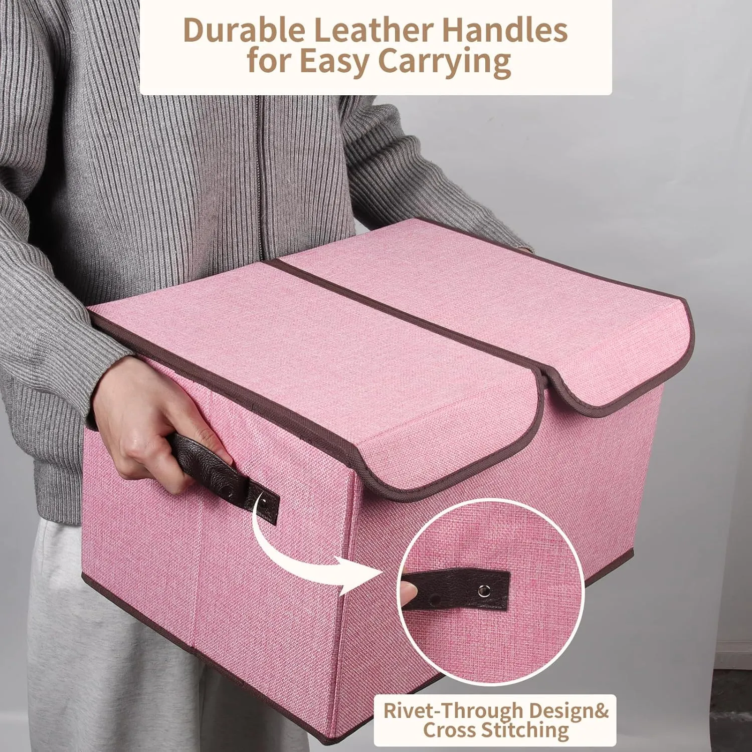 Foldable Fabric Storage Box with Double-Lid & Dividers, Large Organizer for Home, Closet, Office(Pink)