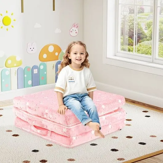 Foldable Floor Mattress for Kids with Washable Flannel Cover-Pink - Color: Pink