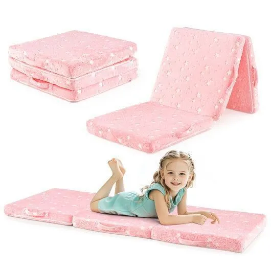Foldable Floor Mattress for Kids with Washable Flannel Cover-Pink - Color: Pink