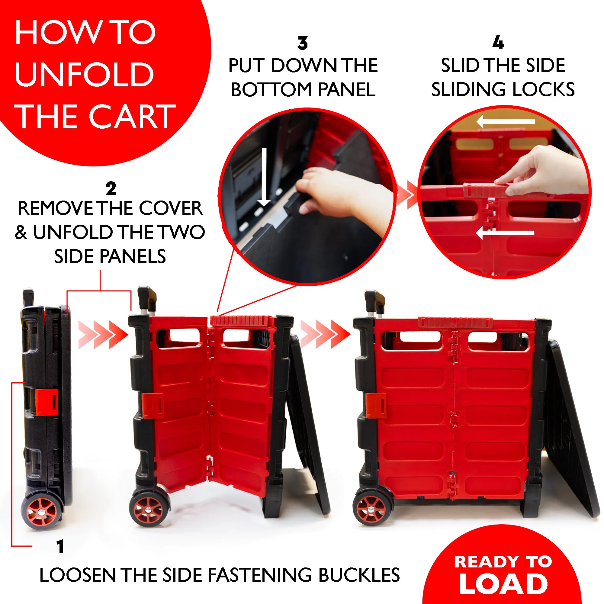 Foldable Rolling Cart w/ Lid Cover Red 16" X 18" X 15"