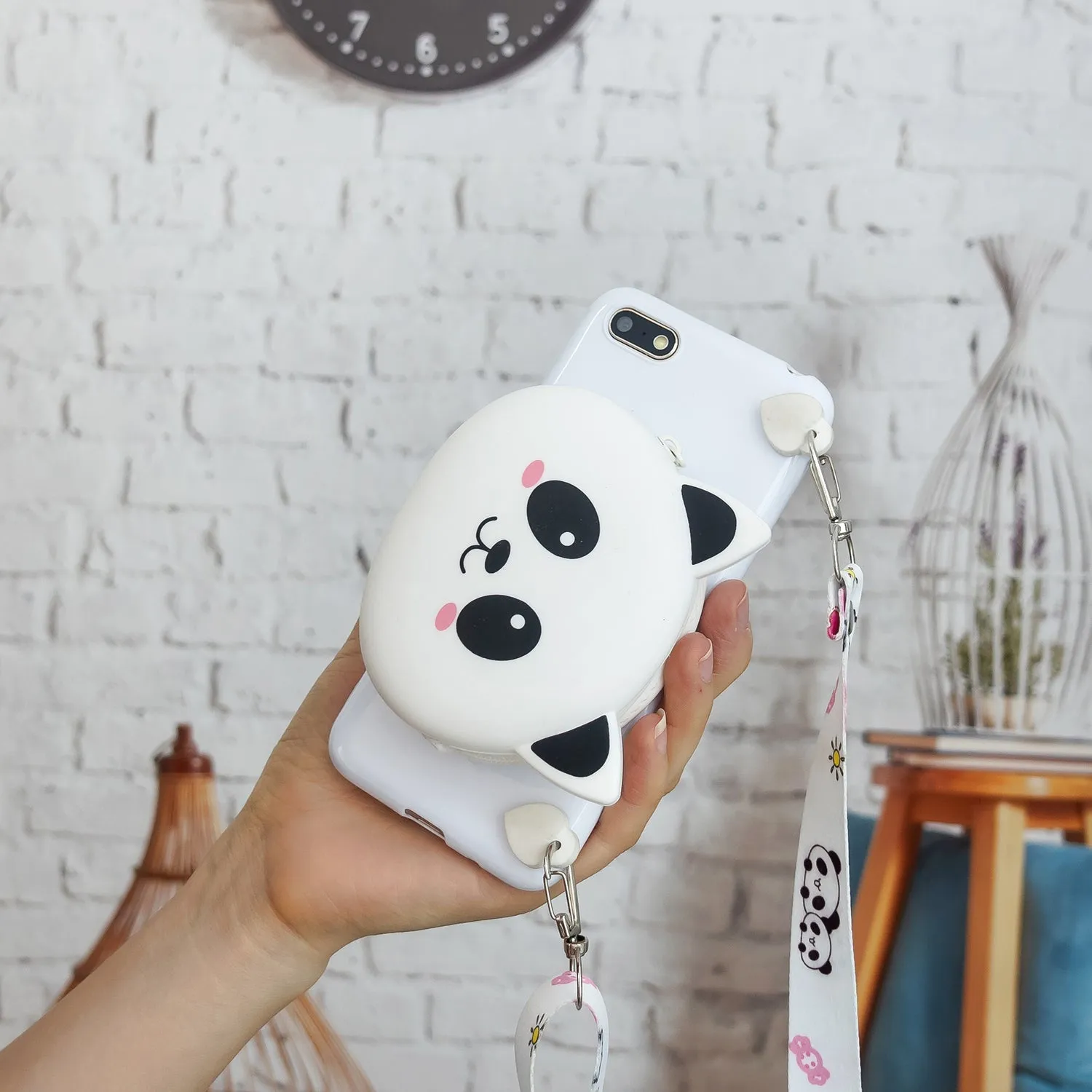 For HUAWEI Y5 2018/Y5 2019 Cellphone Case Mobile Phone Shell Shockproof TPU Cover with Cartoon Cat Pig Panda Coin Purse Lovely Shoulder Starp  White