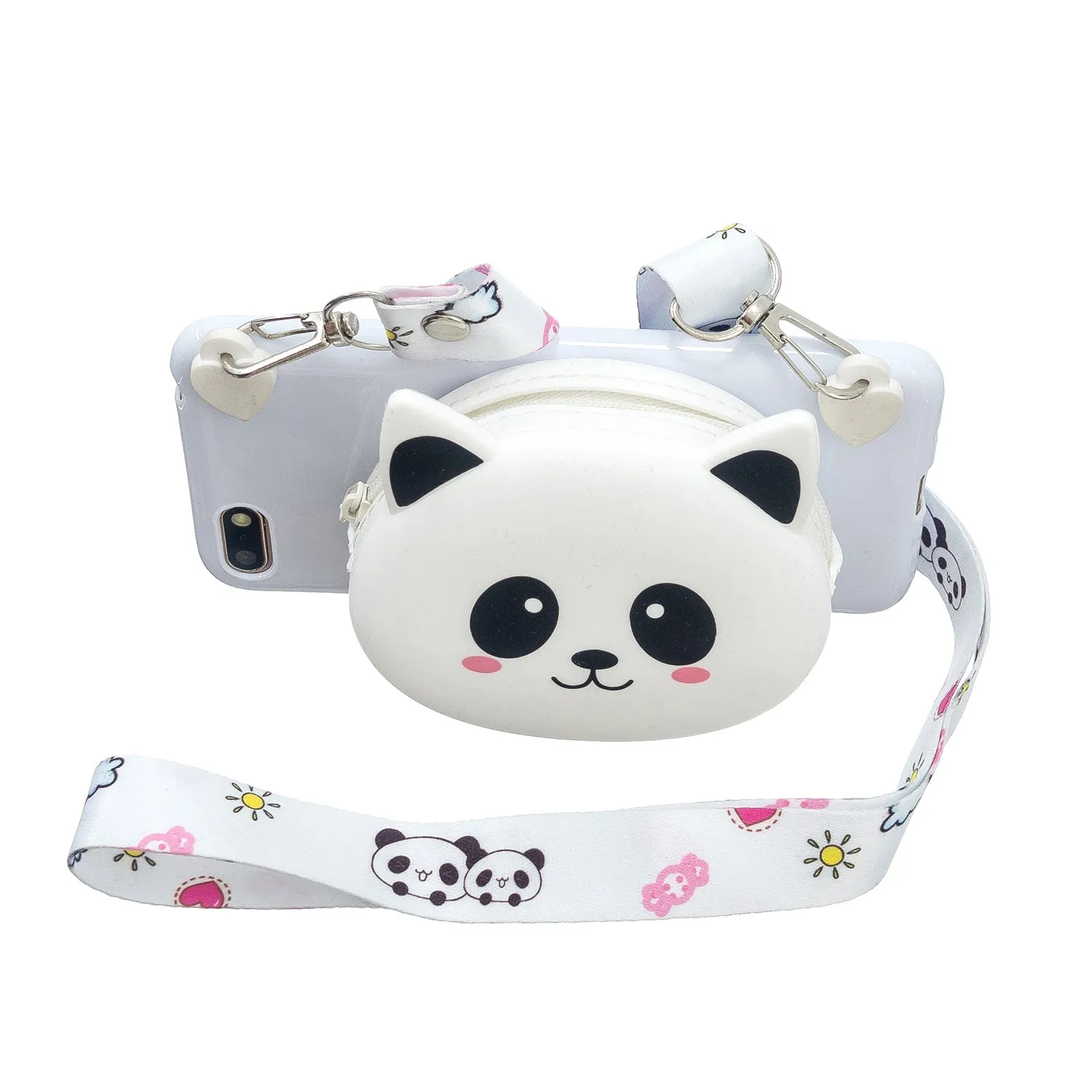 For HUAWEI Y5 2018/Y5 2019 Cellphone Case Mobile Phone Shell Shockproof TPU Cover with Cartoon Cat Pig Panda Coin Purse Lovely Shoulder Starp  White
