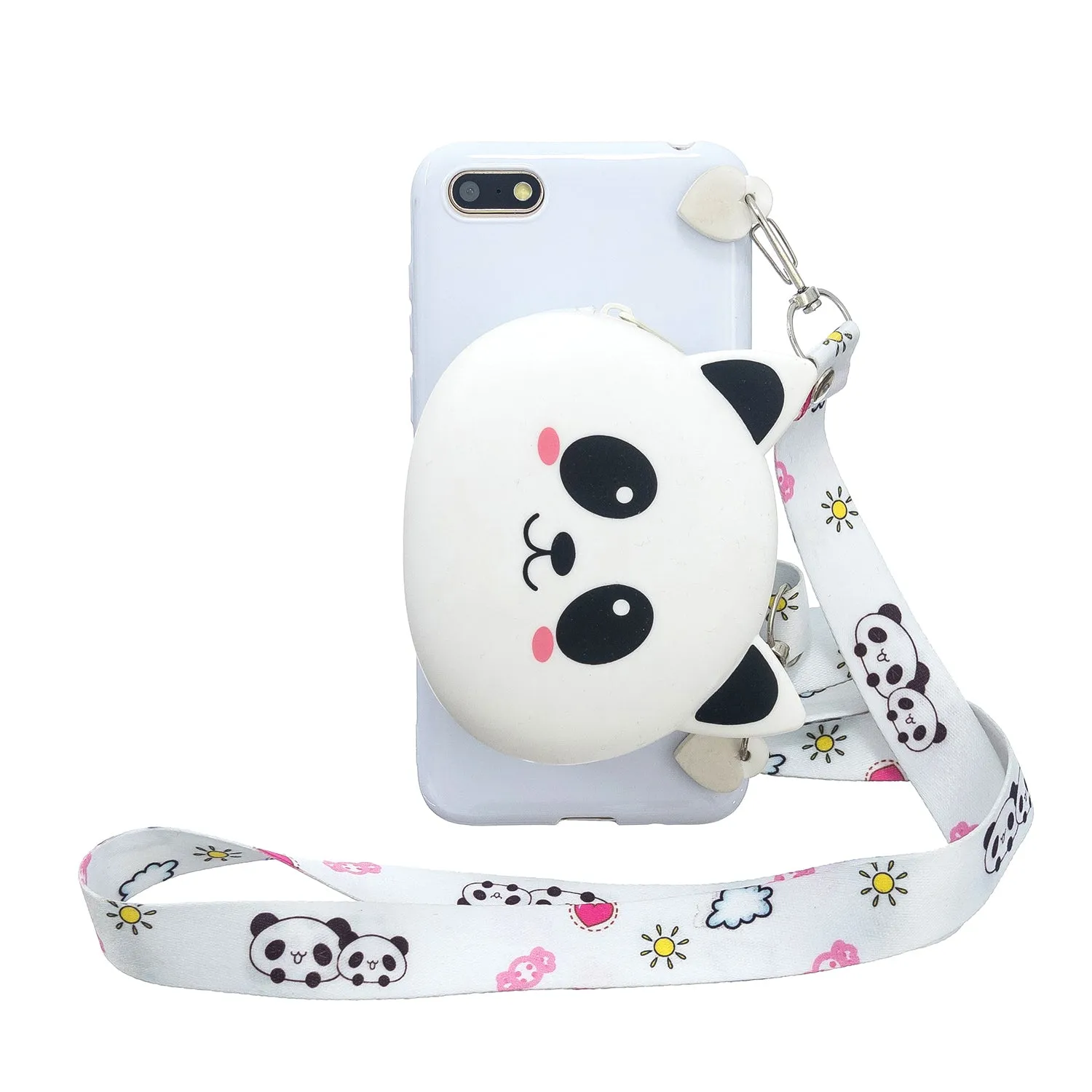 For HUAWEI Y5 2018/Y5 2019 Cellphone Case Mobile Phone Shell Shockproof TPU Cover with Cartoon Cat Pig Panda Coin Purse Lovely Shoulder Starp  White