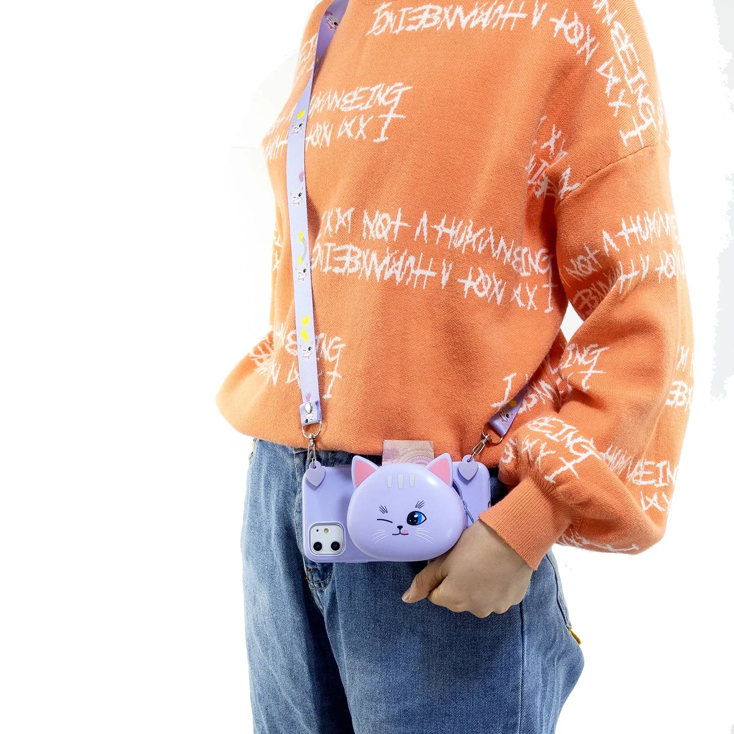 For OPPO A83/A9 2020 Cellphone Case Mobile Phone TPU Shell Shockproof Cover with Cartoon Cat Pig Panda Coin Purse Lovely Shoulder Starp  Purple