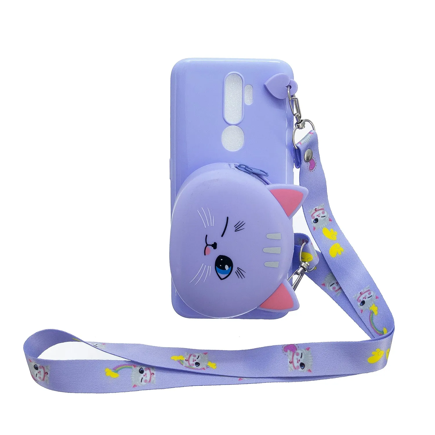 For OPPO A83/A9 2020 Cellphone Case Mobile Phone TPU Shell Shockproof Cover with Cartoon Cat Pig Panda Coin Purse Lovely Shoulder Starp  Purple