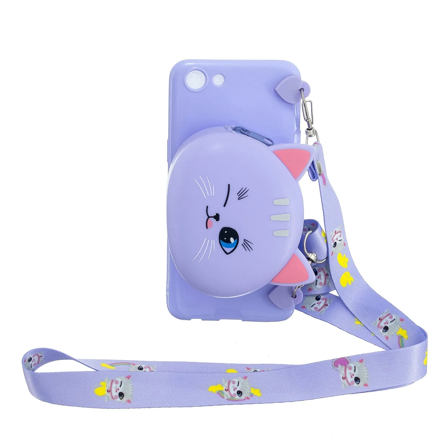 For OPPO A83/A9 2020 Cellphone Case Mobile Phone TPU Shell Shockproof Cover with Cartoon Cat Pig Panda Coin Purse Lovely Shoulder Starp  Purple