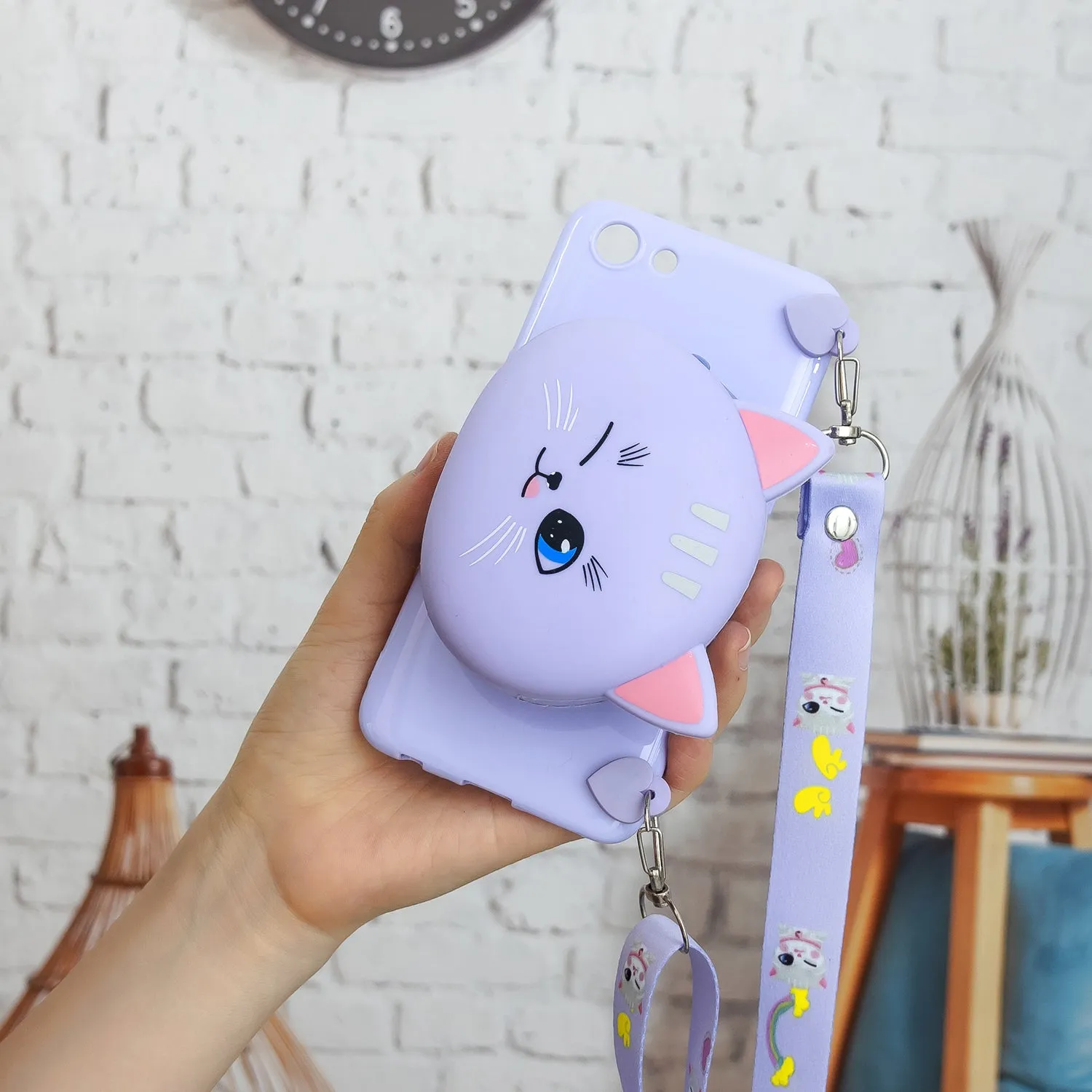 For OPPO A83/A9 2020 Cellphone Case Mobile Phone TPU Shell Shockproof Cover with Cartoon Cat Pig Panda Coin Purse Lovely Shoulder Starp  Purple