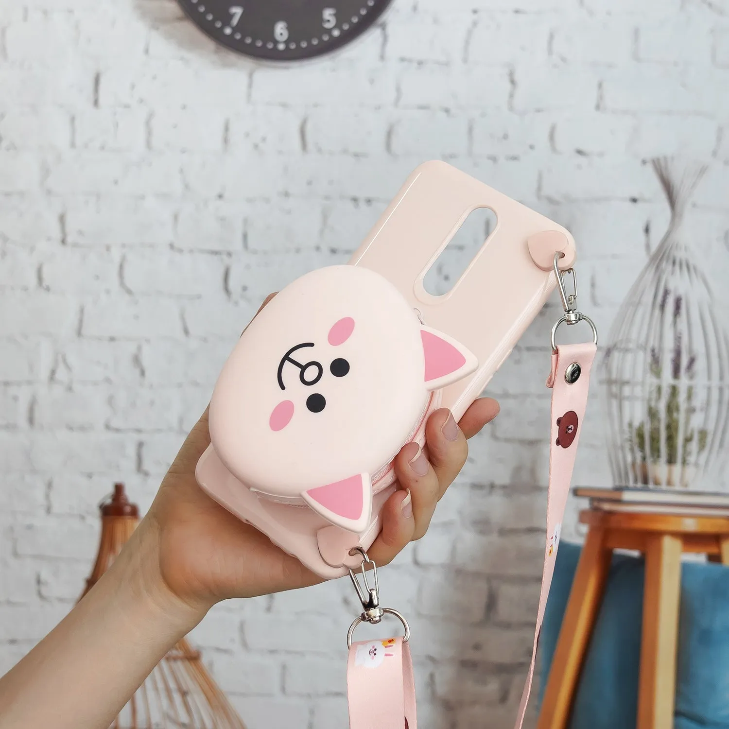 For OPPO F11/F11 Pro Cellphone Case Mobile Phone TPU Shell Shockproof Cover with Cartoon Cat Pig Panda Coin Purse Lovely Shoulder Starp  Pink