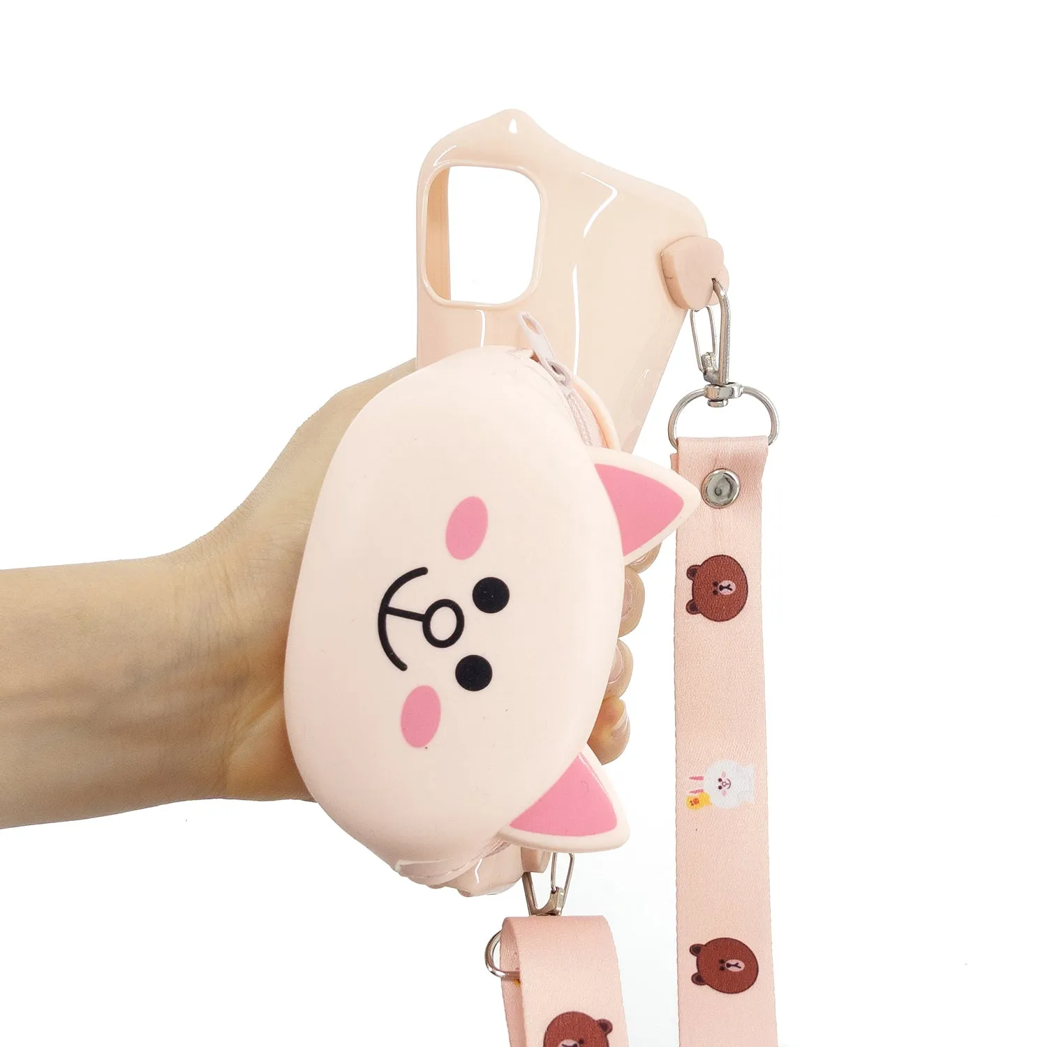 For OPPO F11/F11 Pro Cellphone Case Mobile Phone TPU Shell Shockproof Cover with Cartoon Cat Pig Panda Coin Purse Lovely Shoulder Starp  Pink