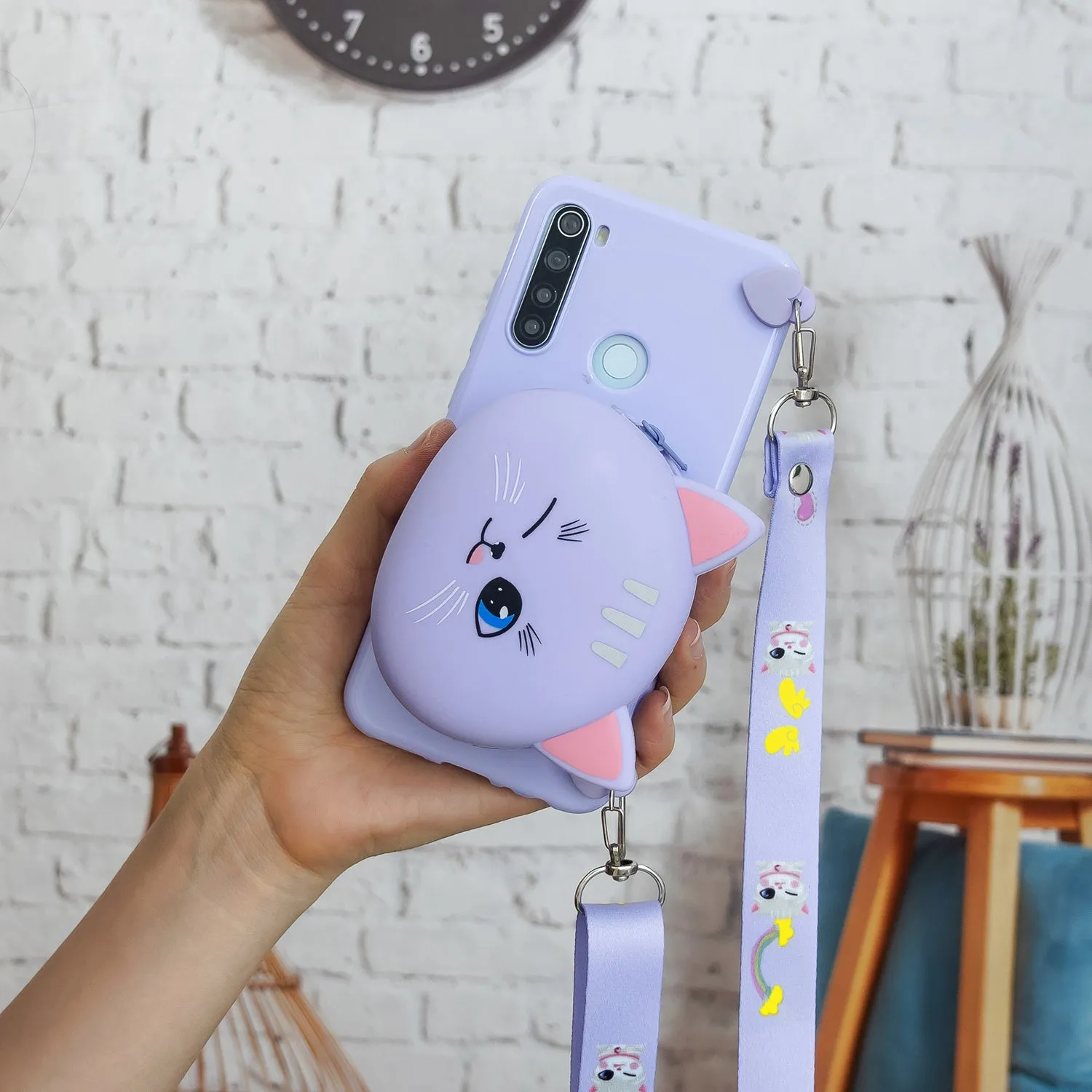 For Redmi Note 8/8T/8 Pro Cellphone Case Mobile Phone Shell Shockproof TPU Cover with Cartoon Cat Pig Panda Coin Purse Lovely Shoulder Starp  Purple
