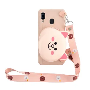 For Samsung A10/A20/A30 Case Mobile Phone Shell Shockproof TPU Cellphone Cover with Cartoon Cat Pig Panda Coin Purse Lovely Shoulder Starp  Pink