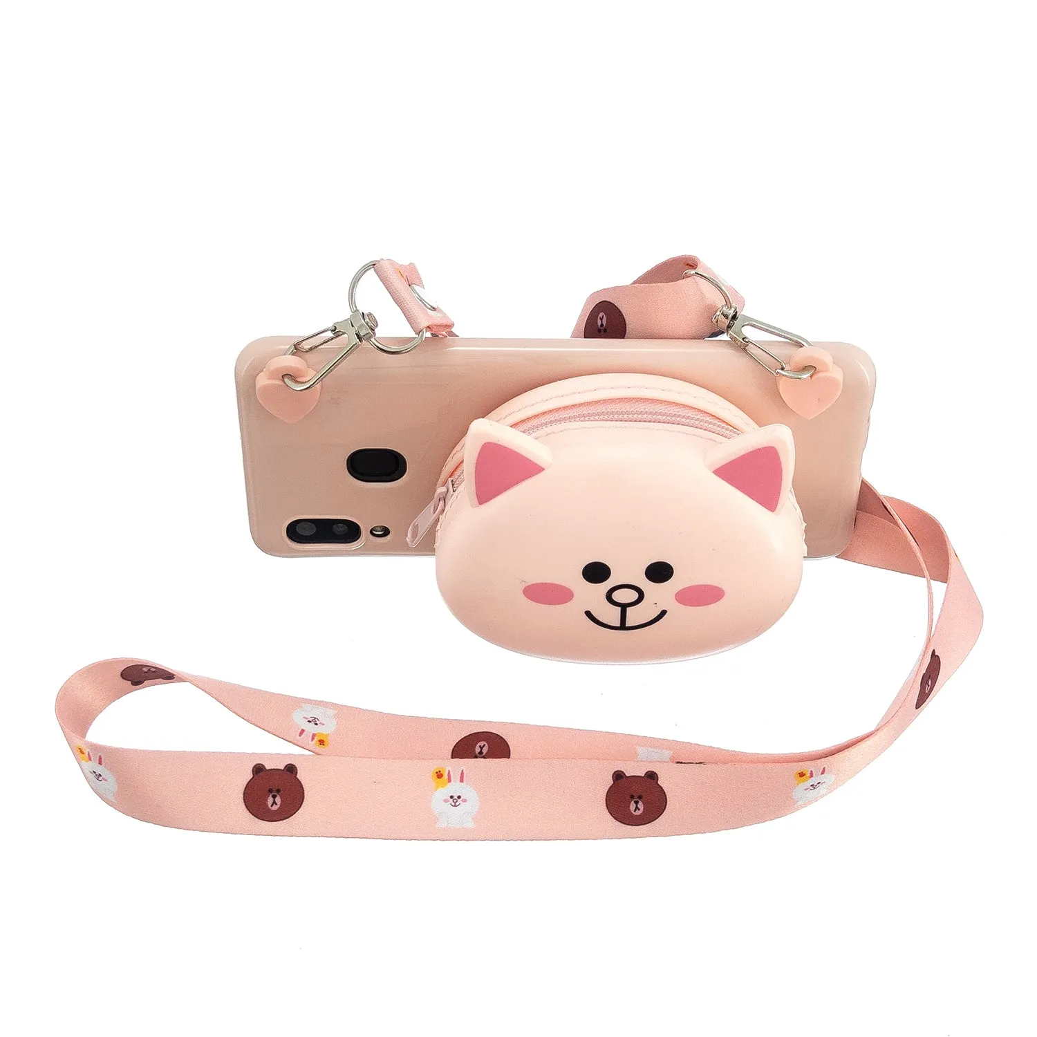 For Samsung A10/A20/A30 Case Mobile Phone Shell Shockproof TPU Cellphone Cover with Cartoon Cat Pig Panda Coin Purse Lovely Shoulder Starp  Pink