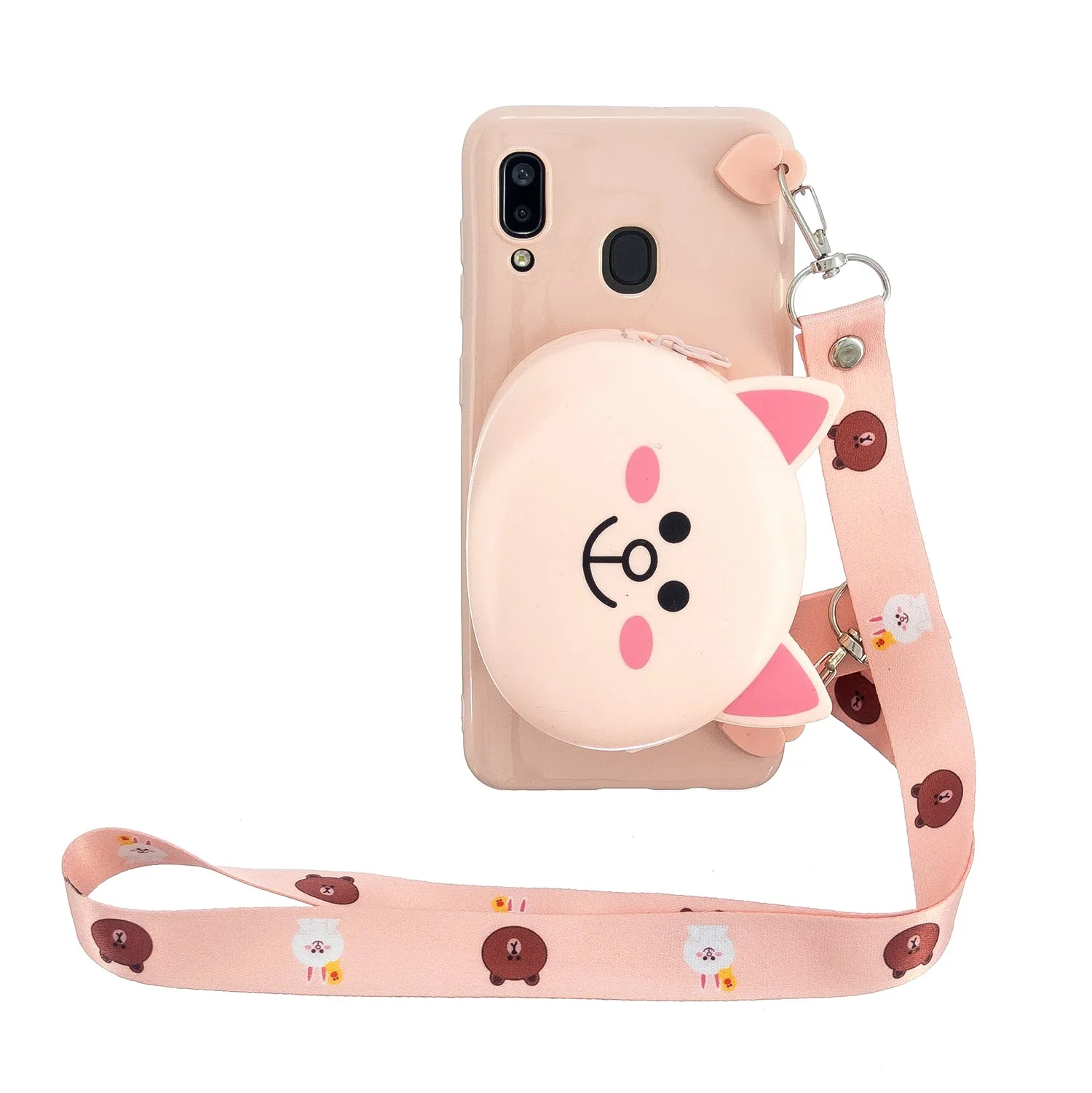 For Samsung A10/A20/A30 Case Mobile Phone Shell Shockproof TPU Cellphone Cover with Cartoon Cat Pig Panda Coin Purse Lovely Shoulder Starp  Pink