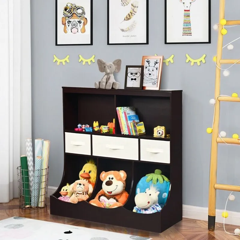 Freestanding Combo Cubby Bin Storage Organizer Unit W/3 Baskets-Brown - Color: B