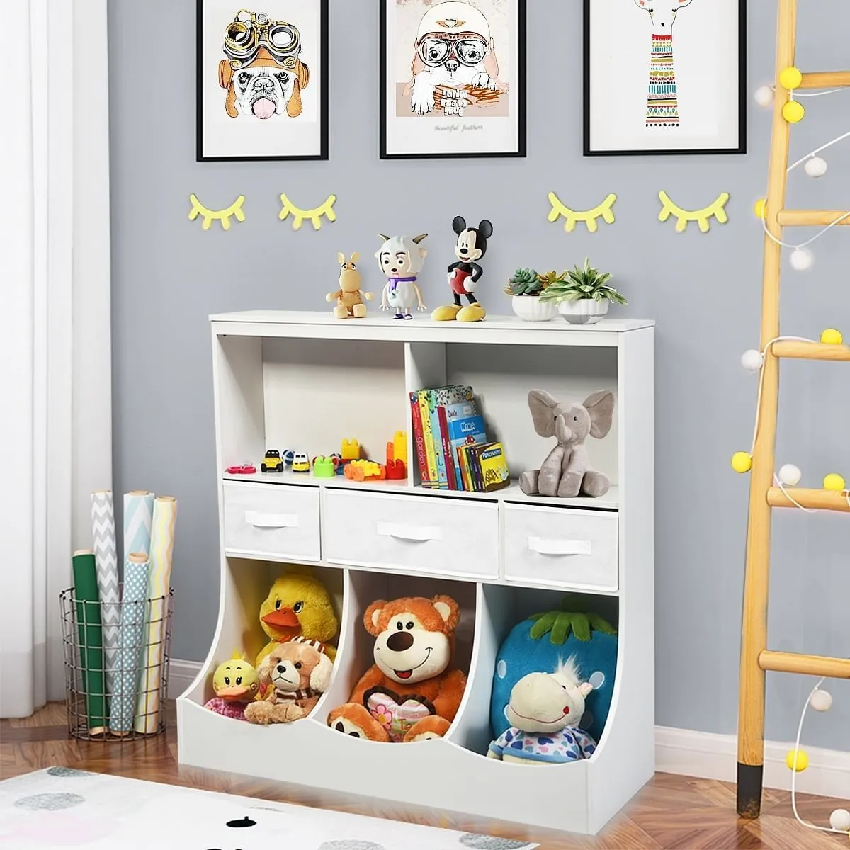 Freestanding Combo Cubby Bin Storage Organizer Unit W/3 Baskets-White - Color: W